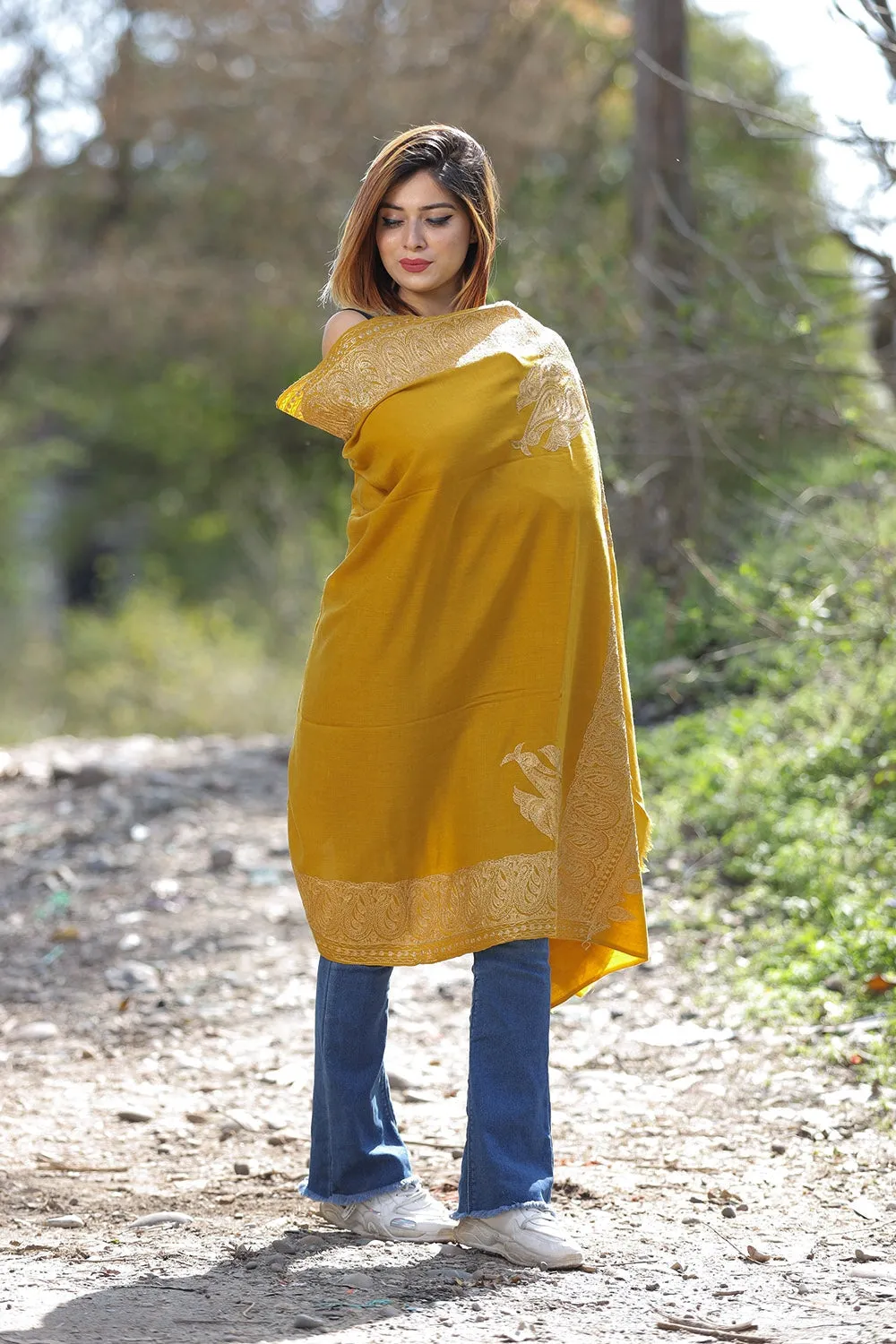 Kashmiri Mustard Color Kashmiri Shawl With Tilla Work Gives A Trendy Look To The Wearer.