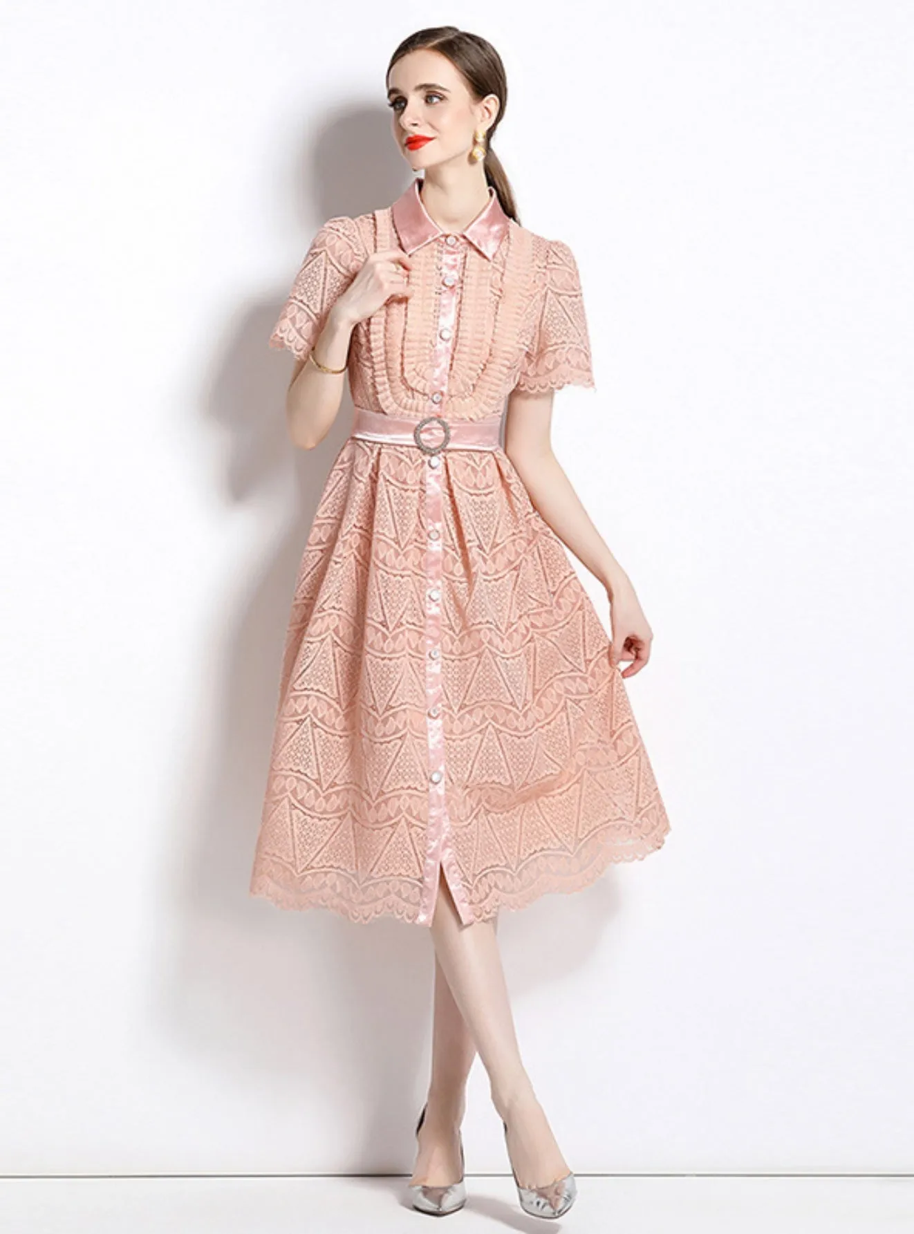 Lapel Heavy Industry Openwork Lace Dress