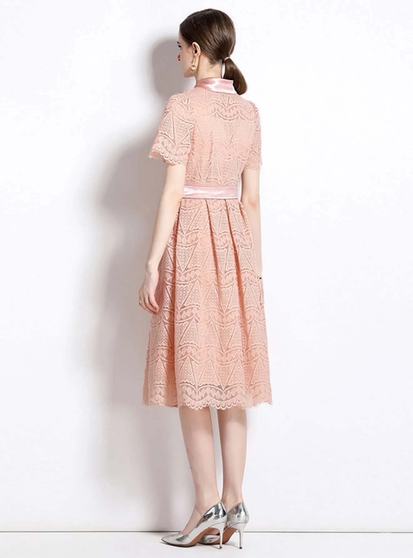 Lapel Heavy Industry Openwork Lace Dress