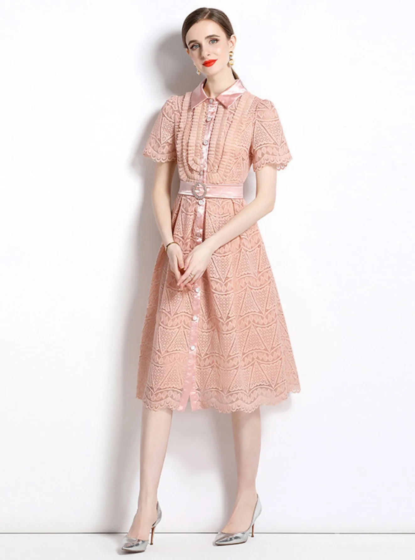 Lapel Heavy Industry Openwork Lace Dress