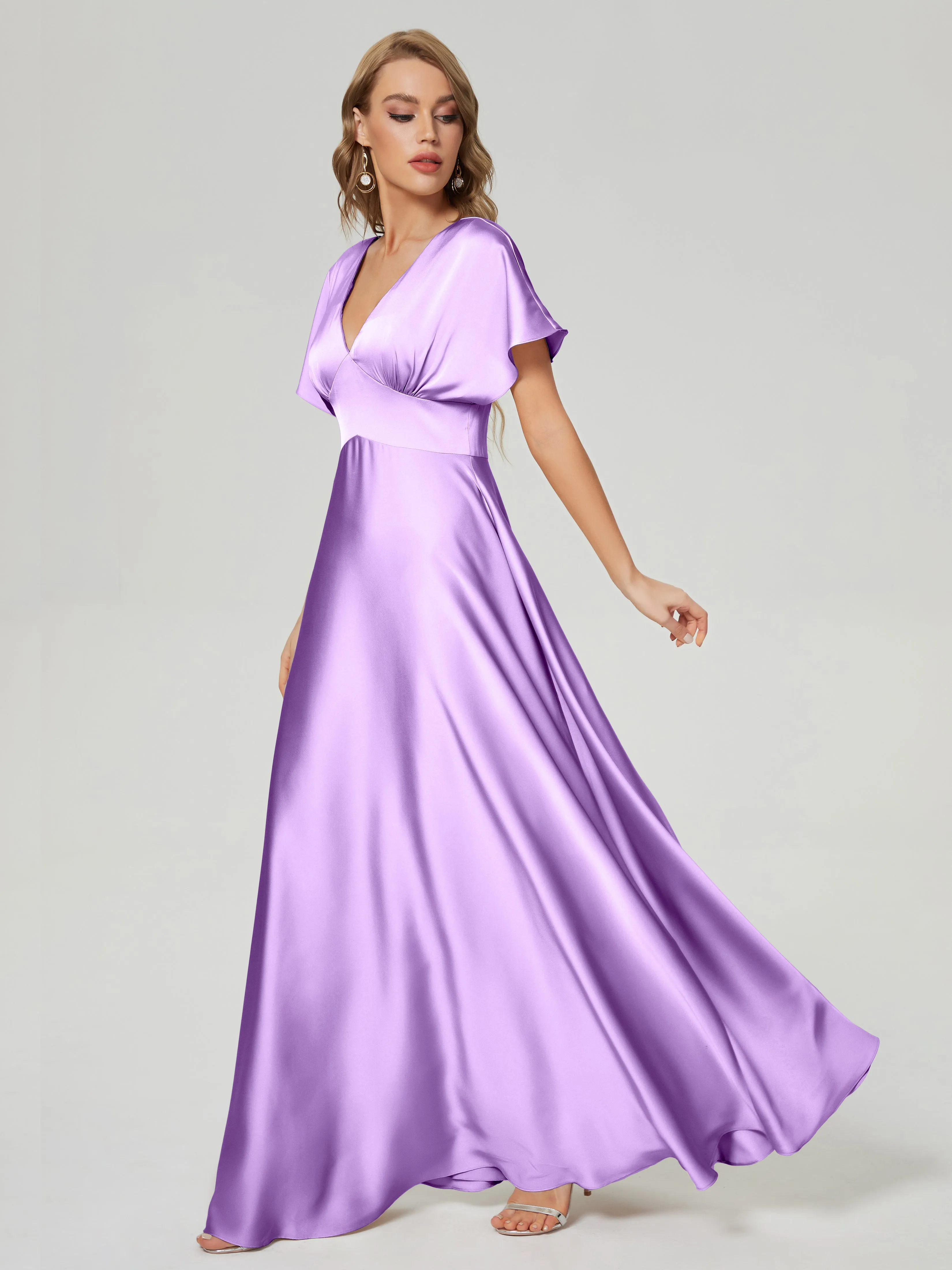 Lilac Bridesmaid Dresses With Sleeves Ariah Modest V Neck Short Sleeves Soft Satin Dresses