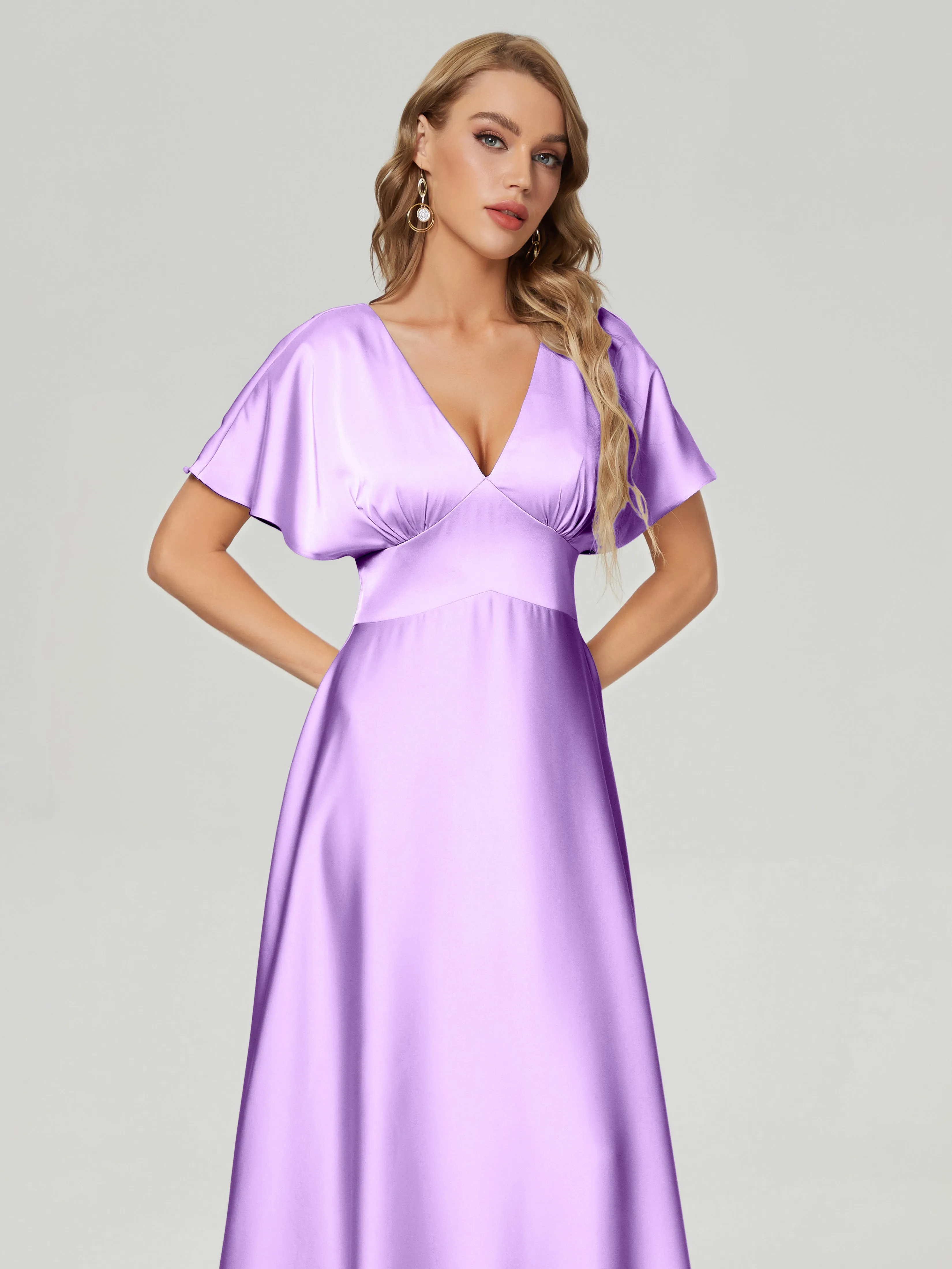 Lilac Bridesmaid Dresses With Sleeves Ariah Modest V Neck Short Sleeves Soft Satin Dresses