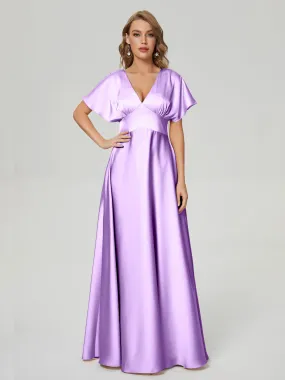 Lilac Bridesmaid Dresses With Sleeves Ariah Modest V Neck Short Sleeves Soft Satin Dresses