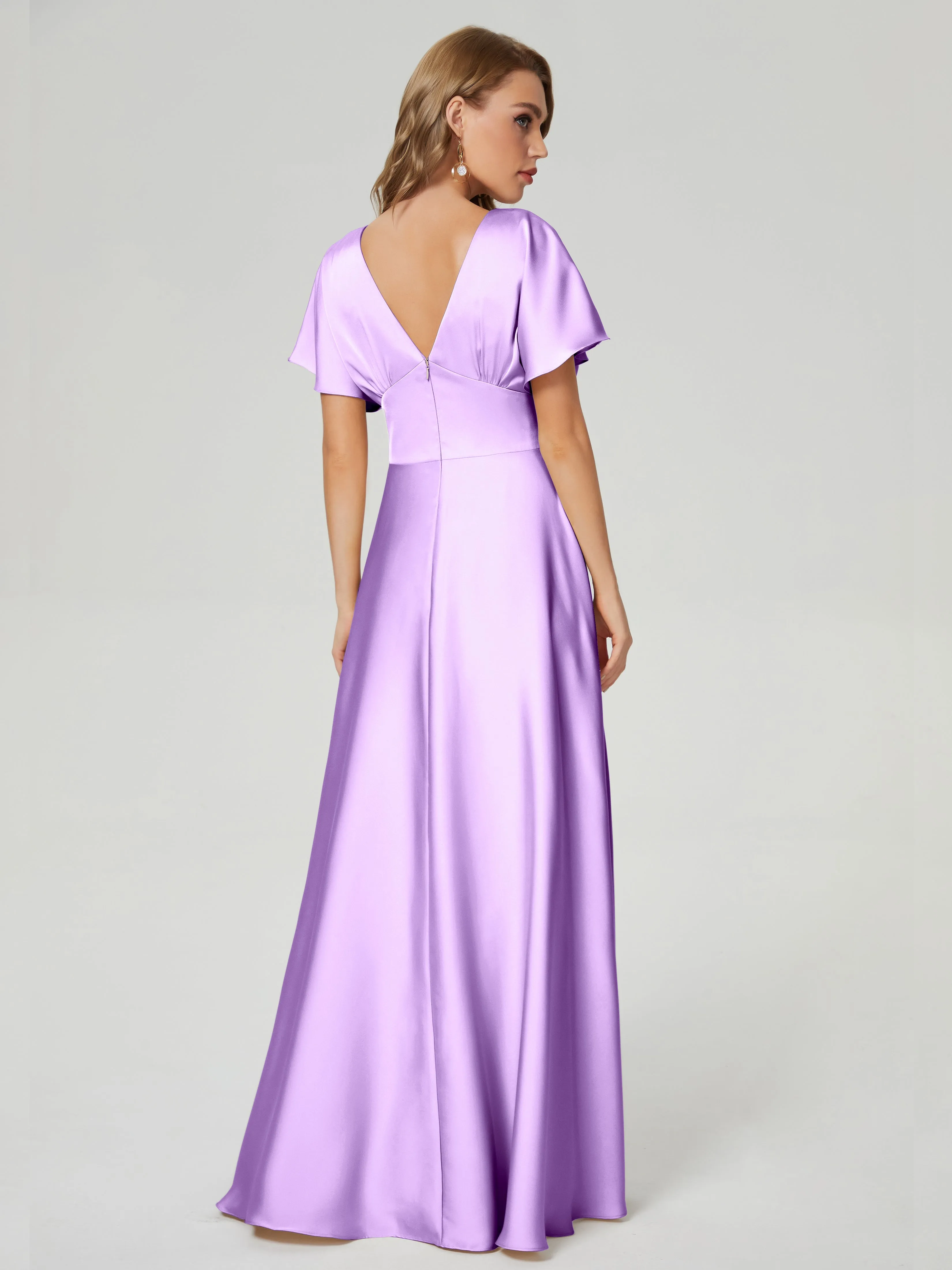 Lilac Bridesmaid Dresses With Sleeves Ariah Modest V Neck Short Sleeves Soft Satin Dresses