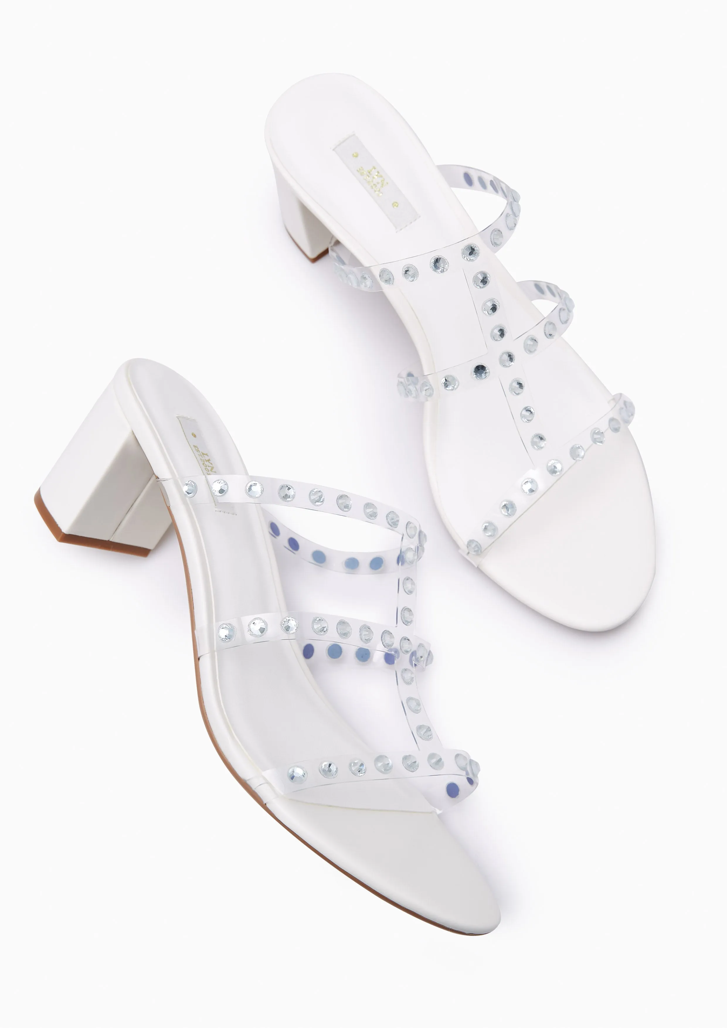 Linda Crystal Low Heel Sandals White