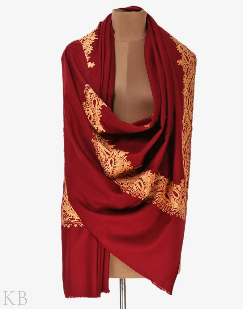 Maroon Aari Embroidered Cashmilon Shawl