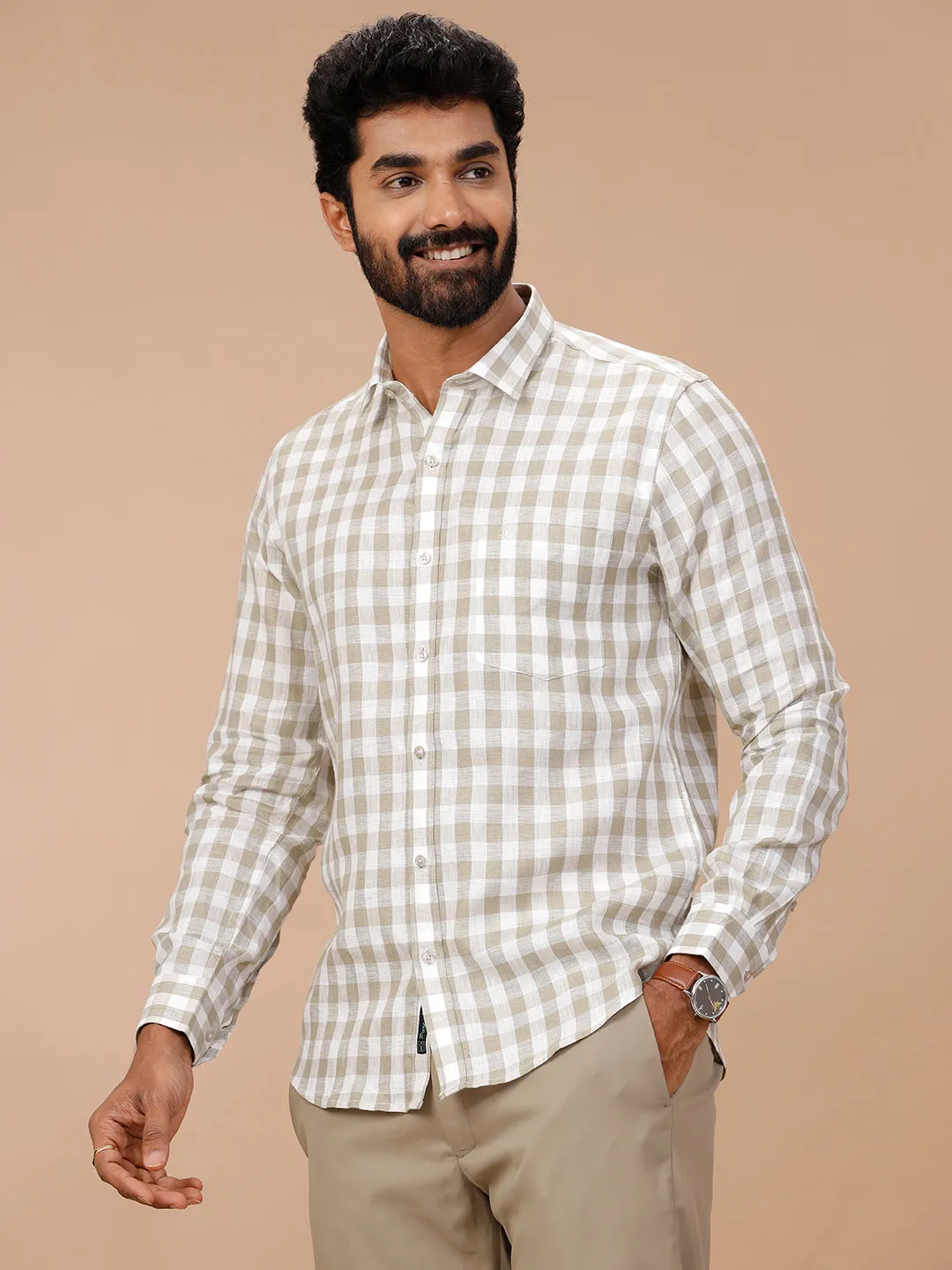 Men Pure Linen Checked Shirt Green - LS74