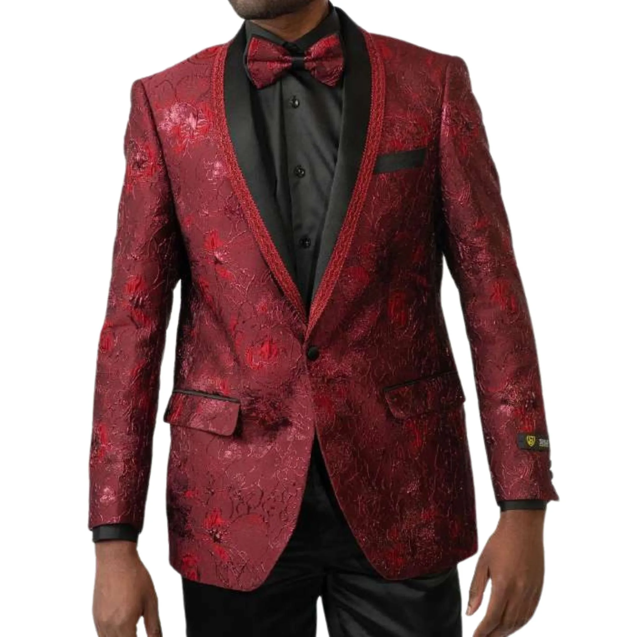 Men’s Red Floral Brocade Tuxedo Blazer – Luxury Prom & Wedding Jacket