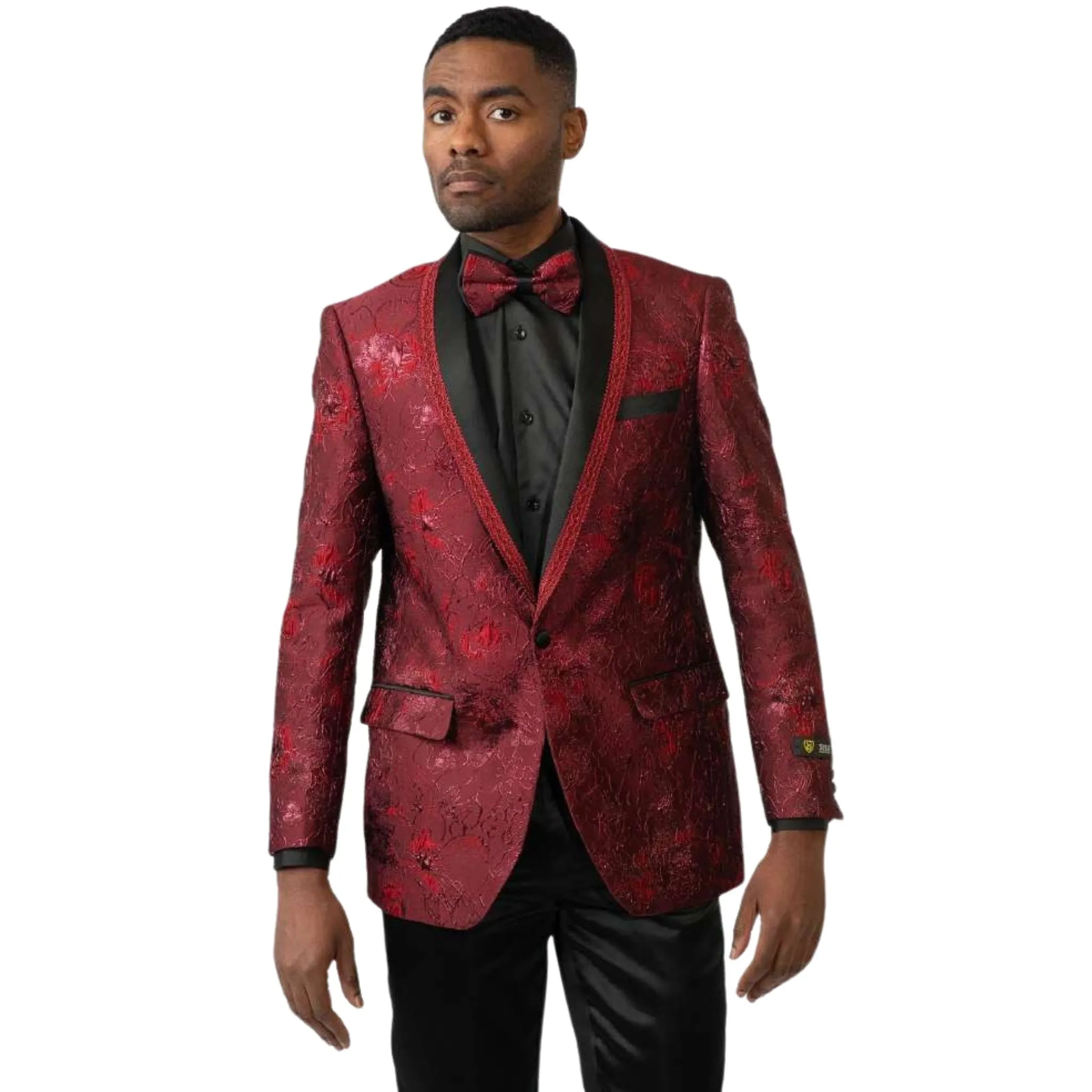 Men’s Red Floral Brocade Tuxedo Blazer – Luxury Prom & Wedding Jacket