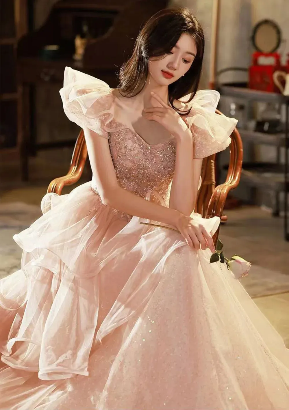 Pink Flying Sleeve & Ruffle Fluffy Prom Dress