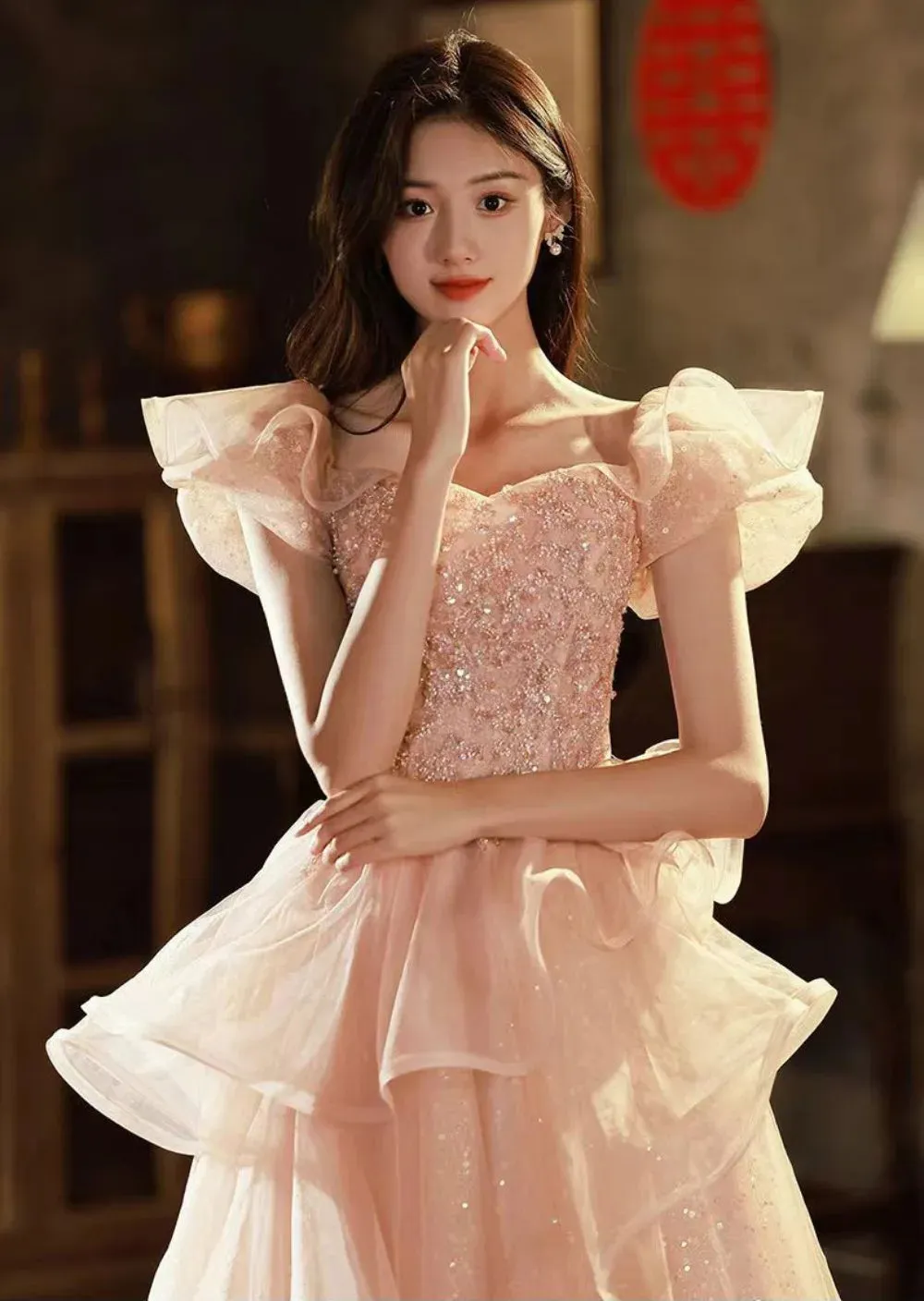 Pink Flying Sleeve & Ruffle Fluffy Prom Dress