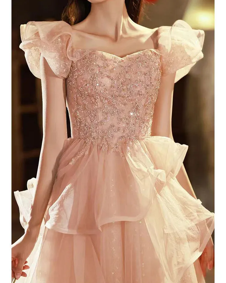 Pink Flying Sleeve & Ruffle Fluffy Prom Dress