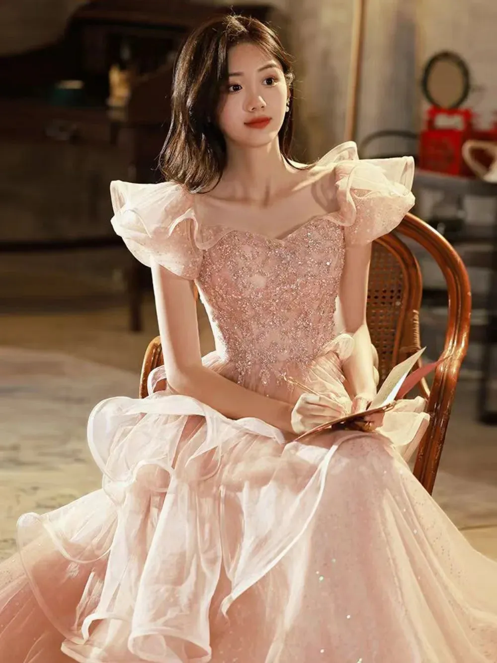 Pink Flying Sleeve & Ruffle Fluffy Prom Dress