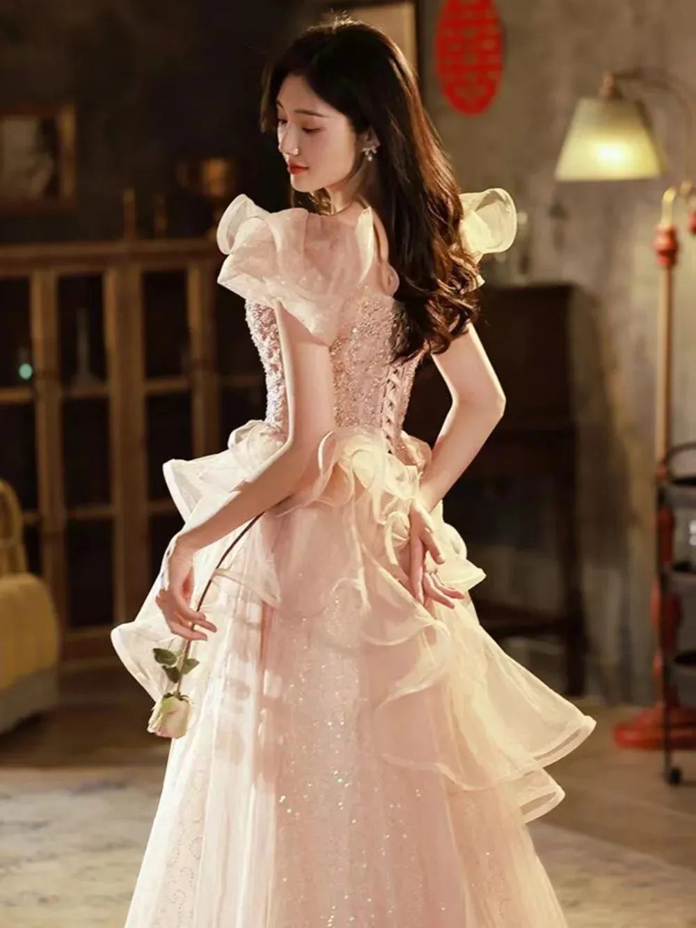 Pink Flying Sleeve & Ruffle Fluffy Prom Dress