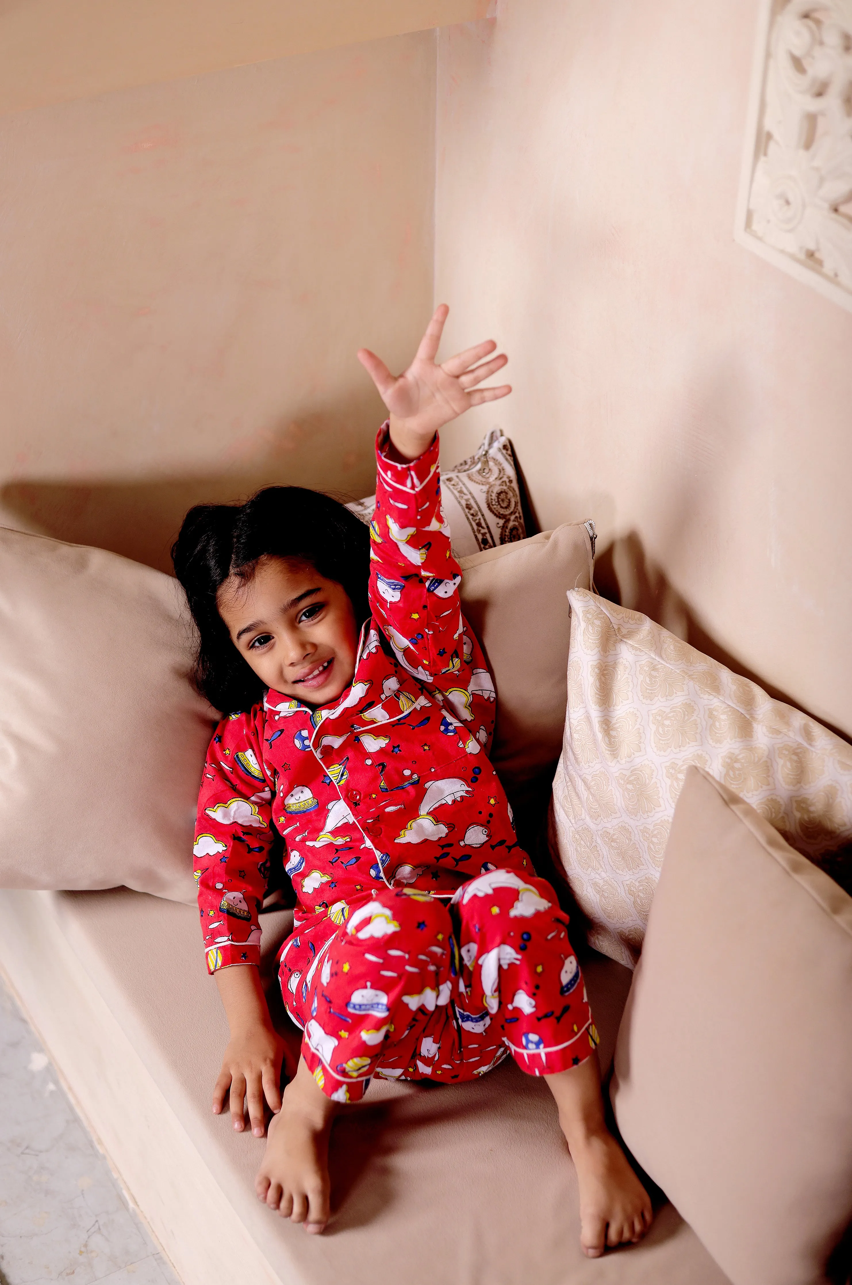 Playful Fish Print Red cotton Nightsuit Sets for kids  | Twin Matching Sleepwear for kids