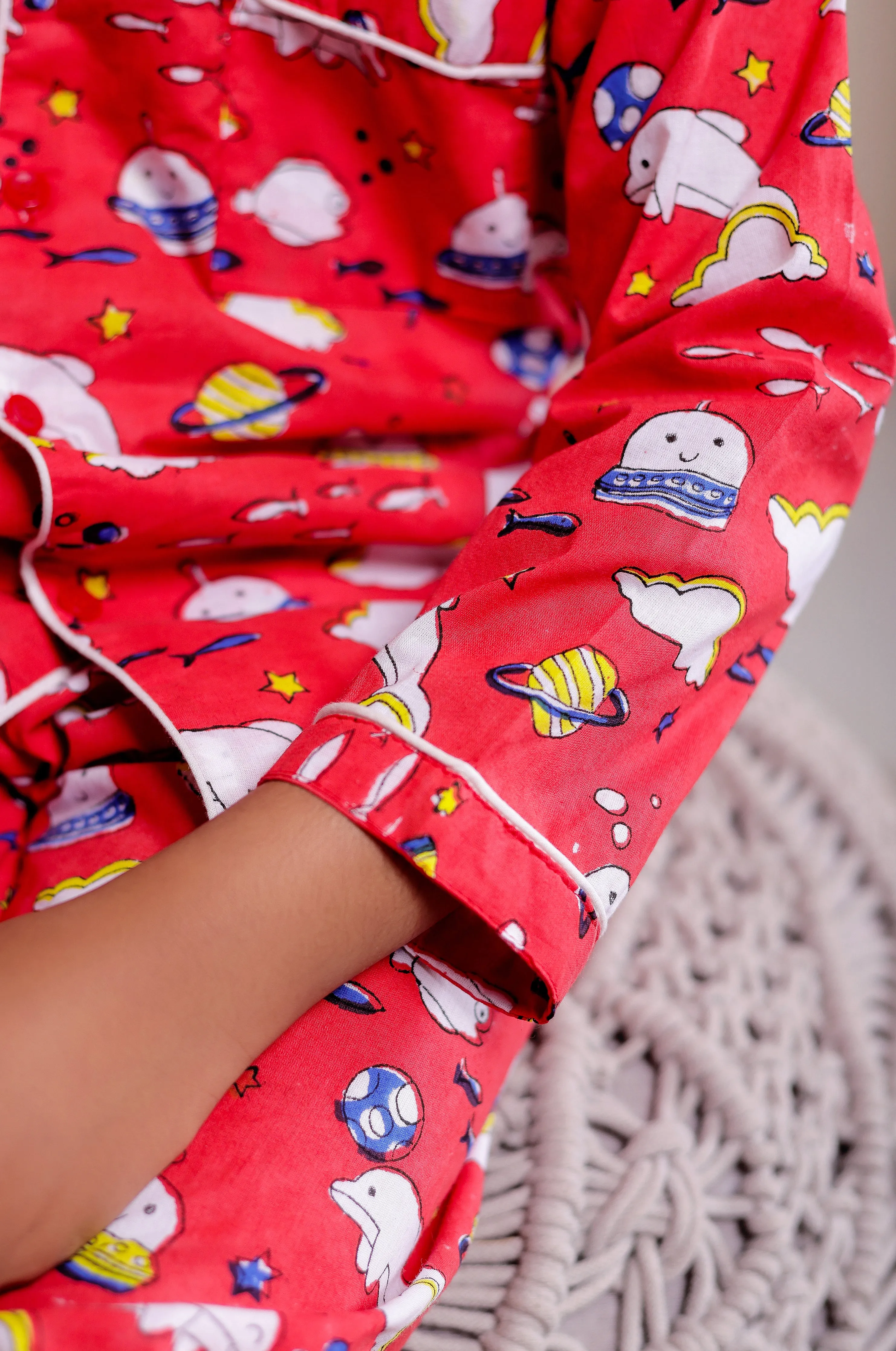 Playful Fish Print Red cotton Nightsuit Sets for kids  | Twin Matching Sleepwear for kids