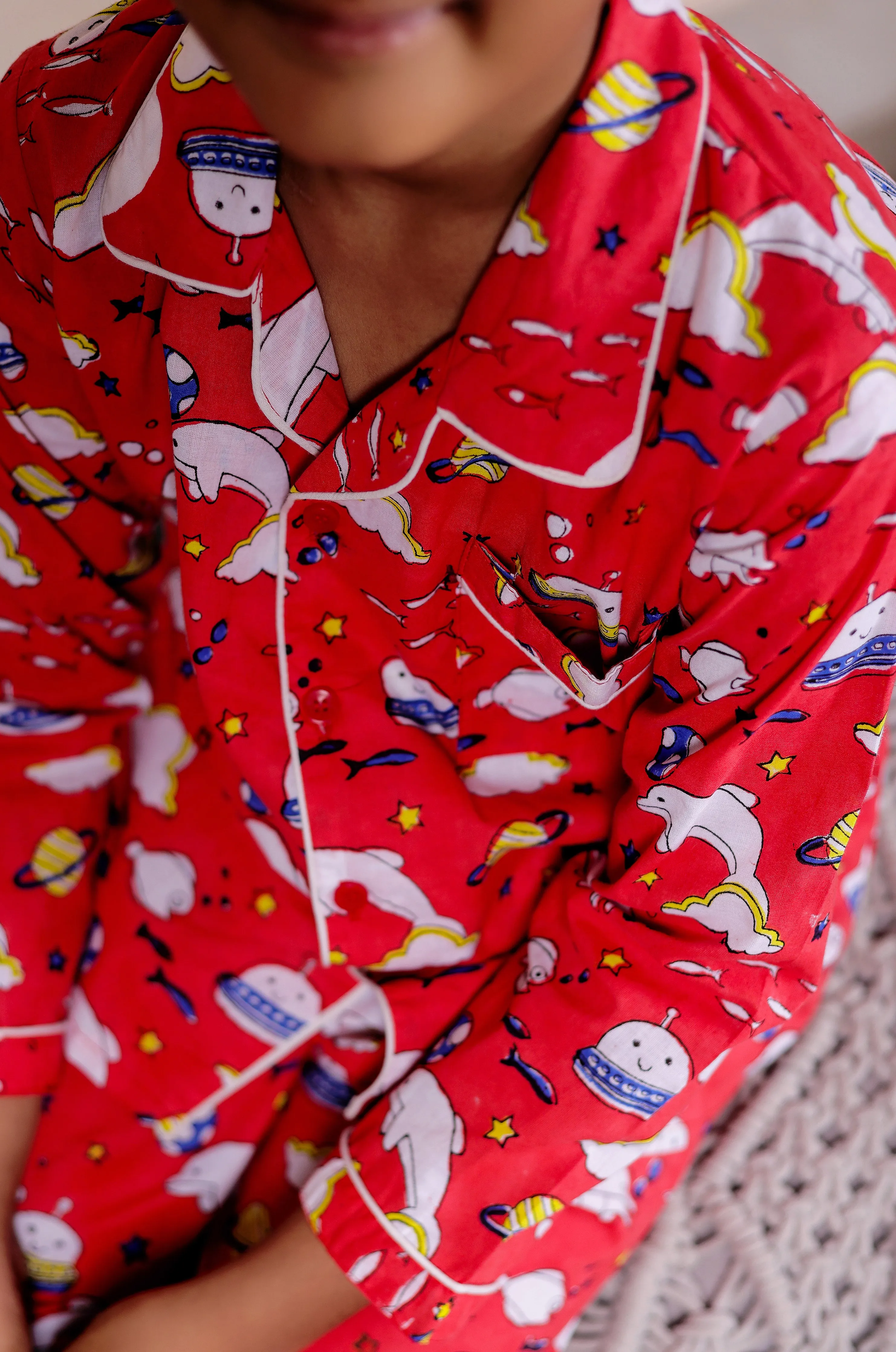 Playful Fish Print Red cotton Nightsuit Sets for kids  | Twin Matching Sleepwear for kids