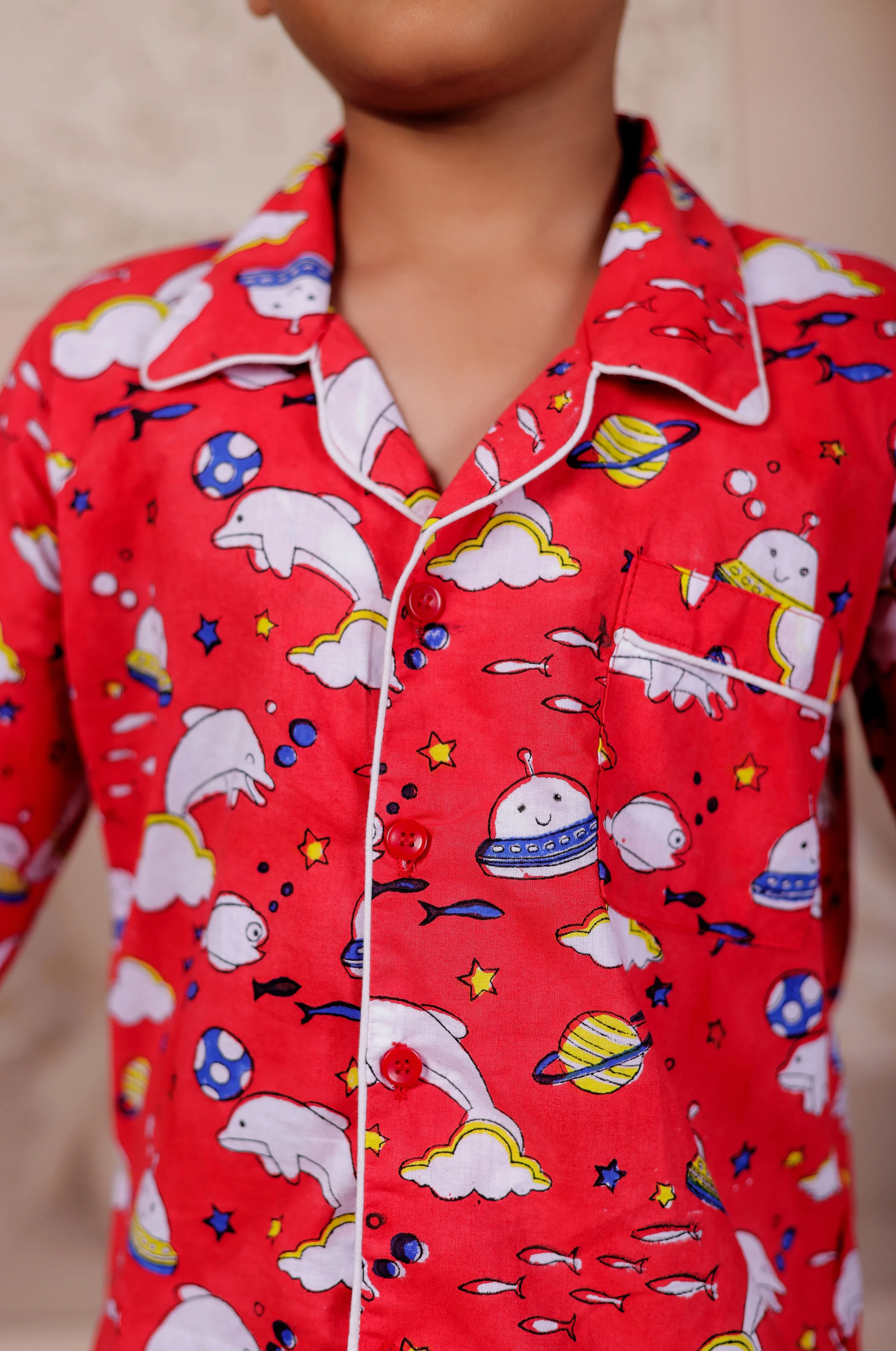 Playful Fish Print Red cotton Nightsuit Sets for kids  | Twin Matching Sleepwear for kids