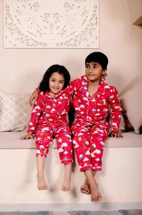 Playful Fish Print Red cotton Nightsuit Sets for kids  | Twin Matching Sleepwear for kids