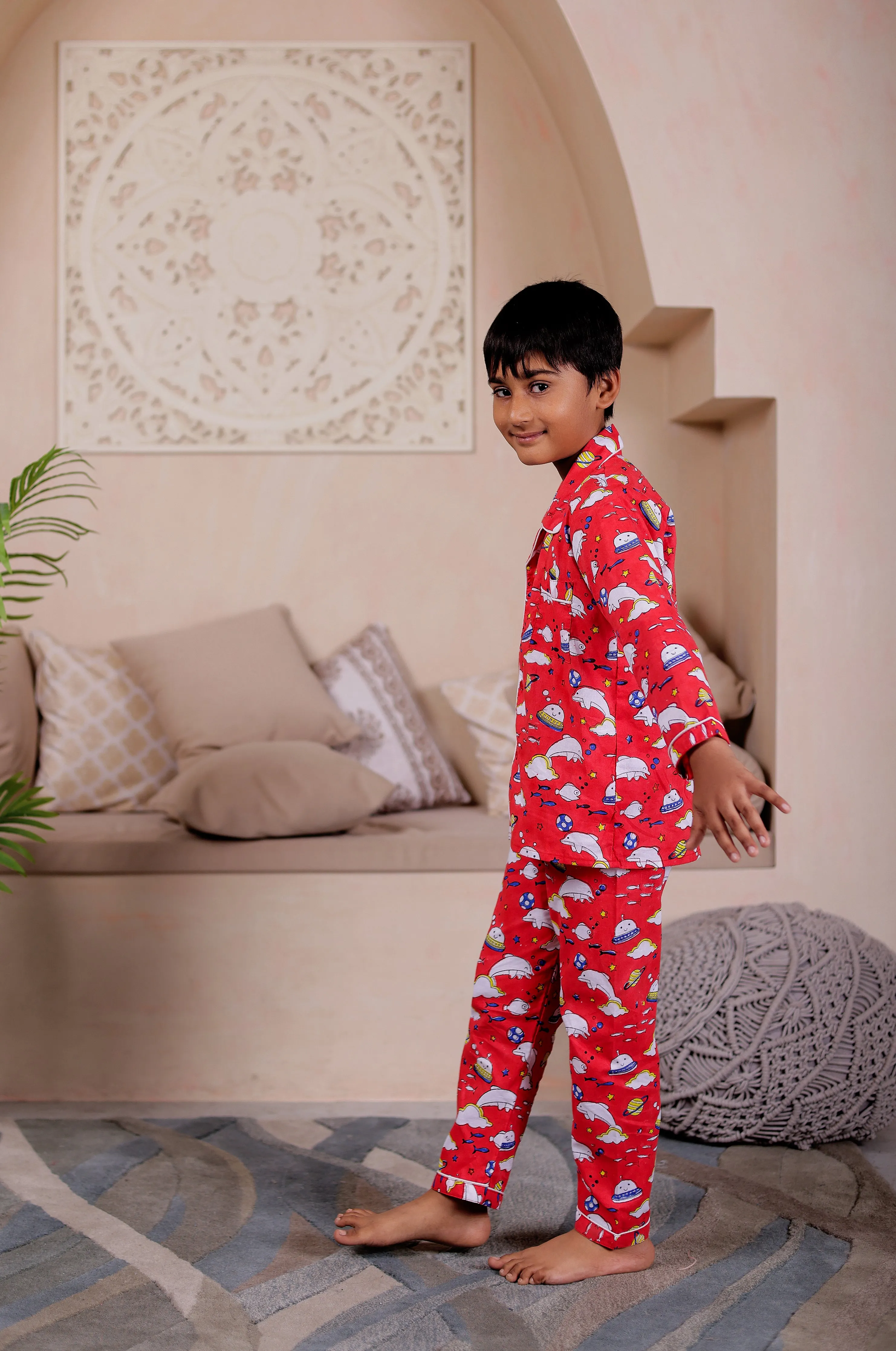 Playful Fish Print Red cotton Nightsuit Sets for kids  | Twin Matching Sleepwear for kids