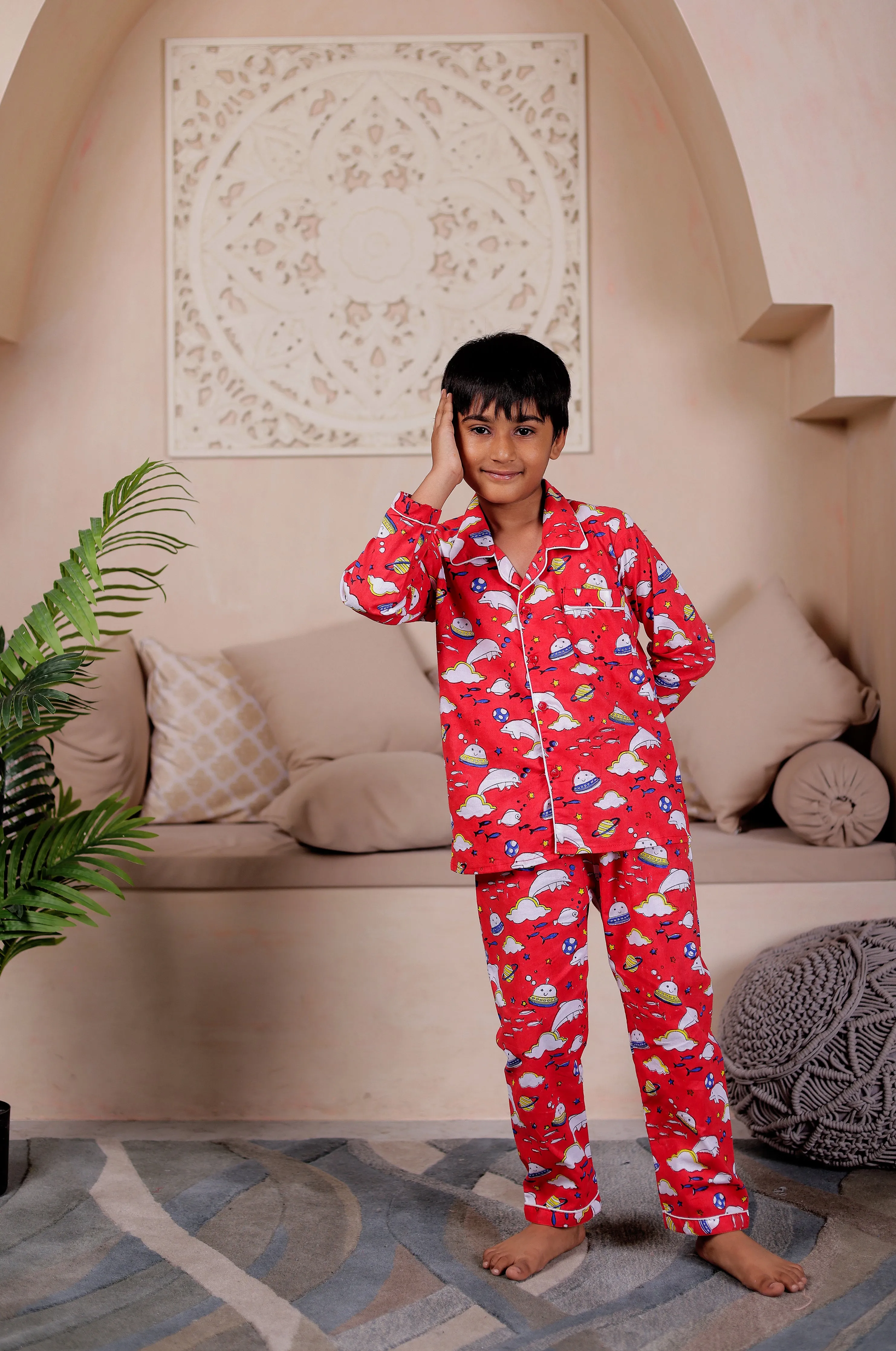 Playful Fish Print Red cotton Nightsuit Sets for kids  | Twin Matching Sleepwear for kids