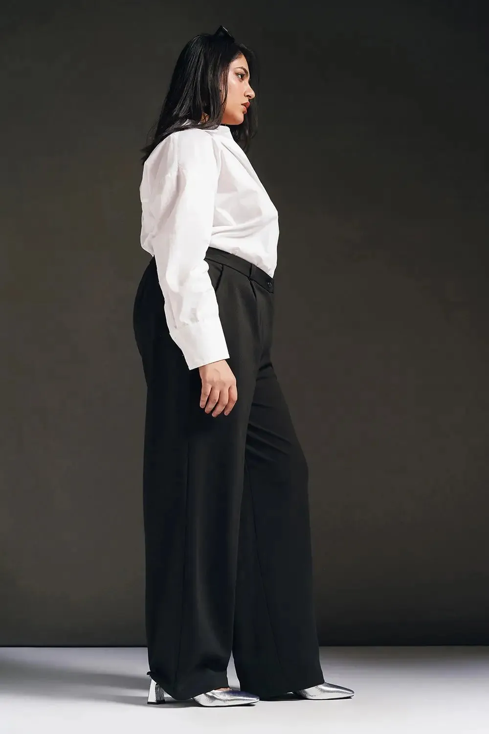 Polished Black Curve Textured Korean Pants