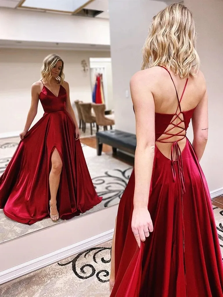 Promfast V Neck Burgundy Long Prom Dresses With Slit, Formal Evening Dresses PFP1822