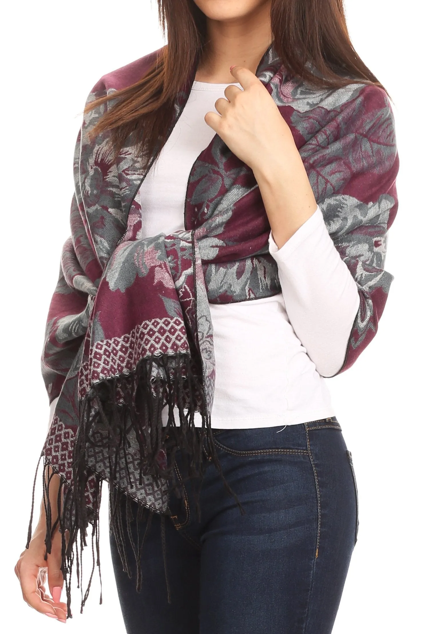 Sakkas Aurora Floral Rose Pashmina Scarf Shawl with Fringe Super Warm Soft Vegan