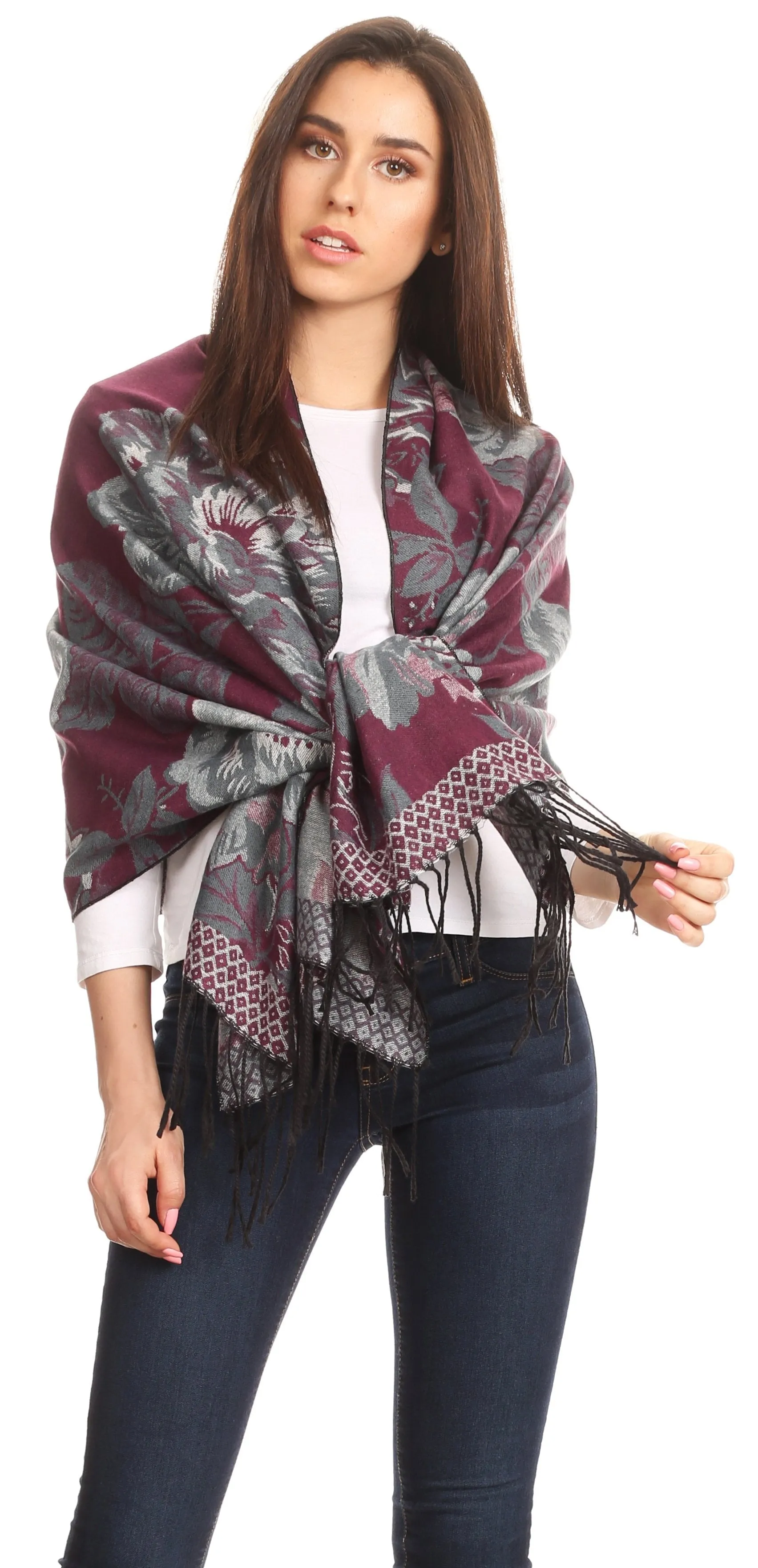 Sakkas Aurora Floral Rose Pashmina Scarf Shawl with Fringe Super Warm Soft Vegan