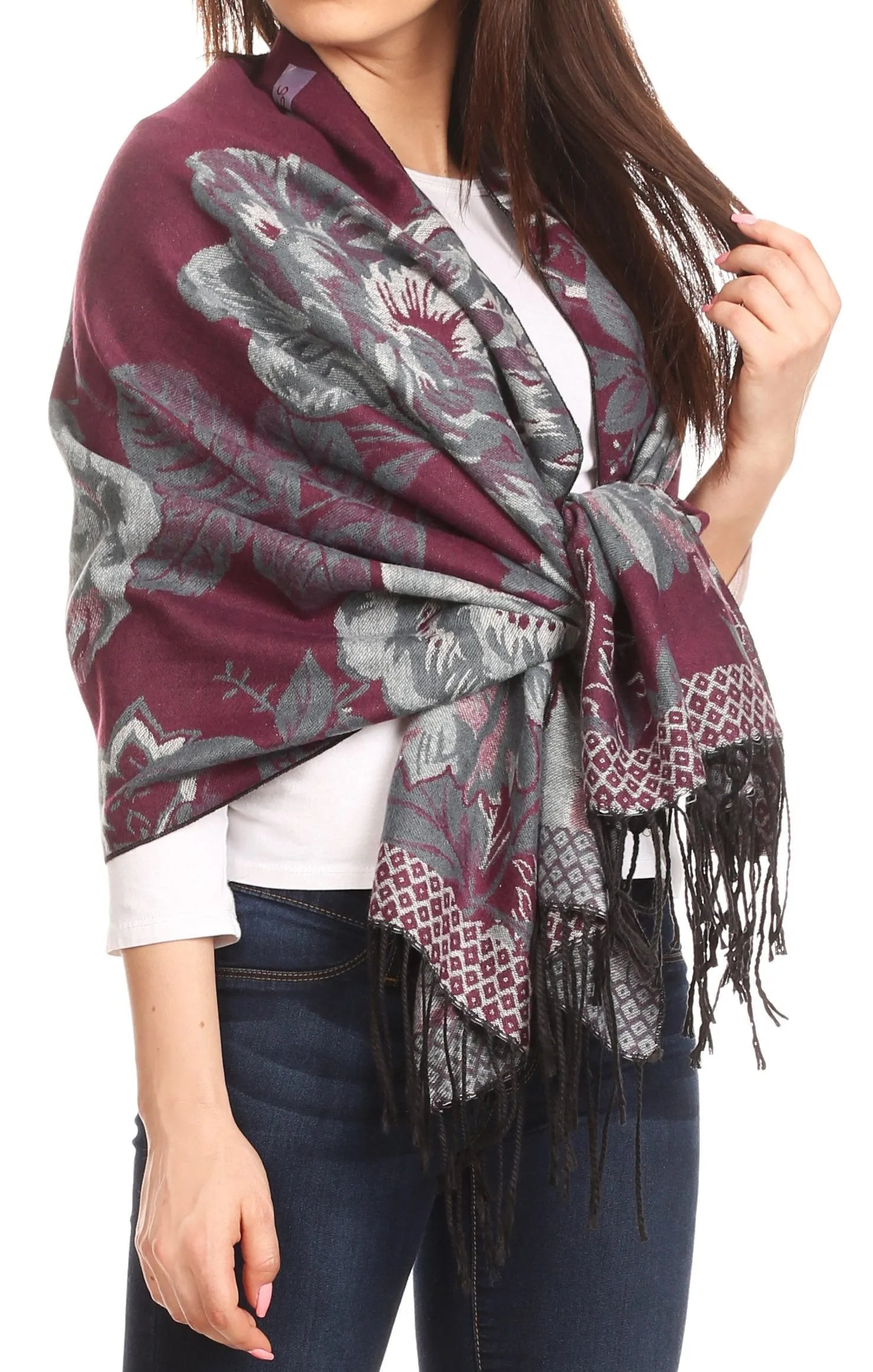 Sakkas Aurora Floral Rose Pashmina Scarf Shawl with Fringe Super Warm Soft Vegan