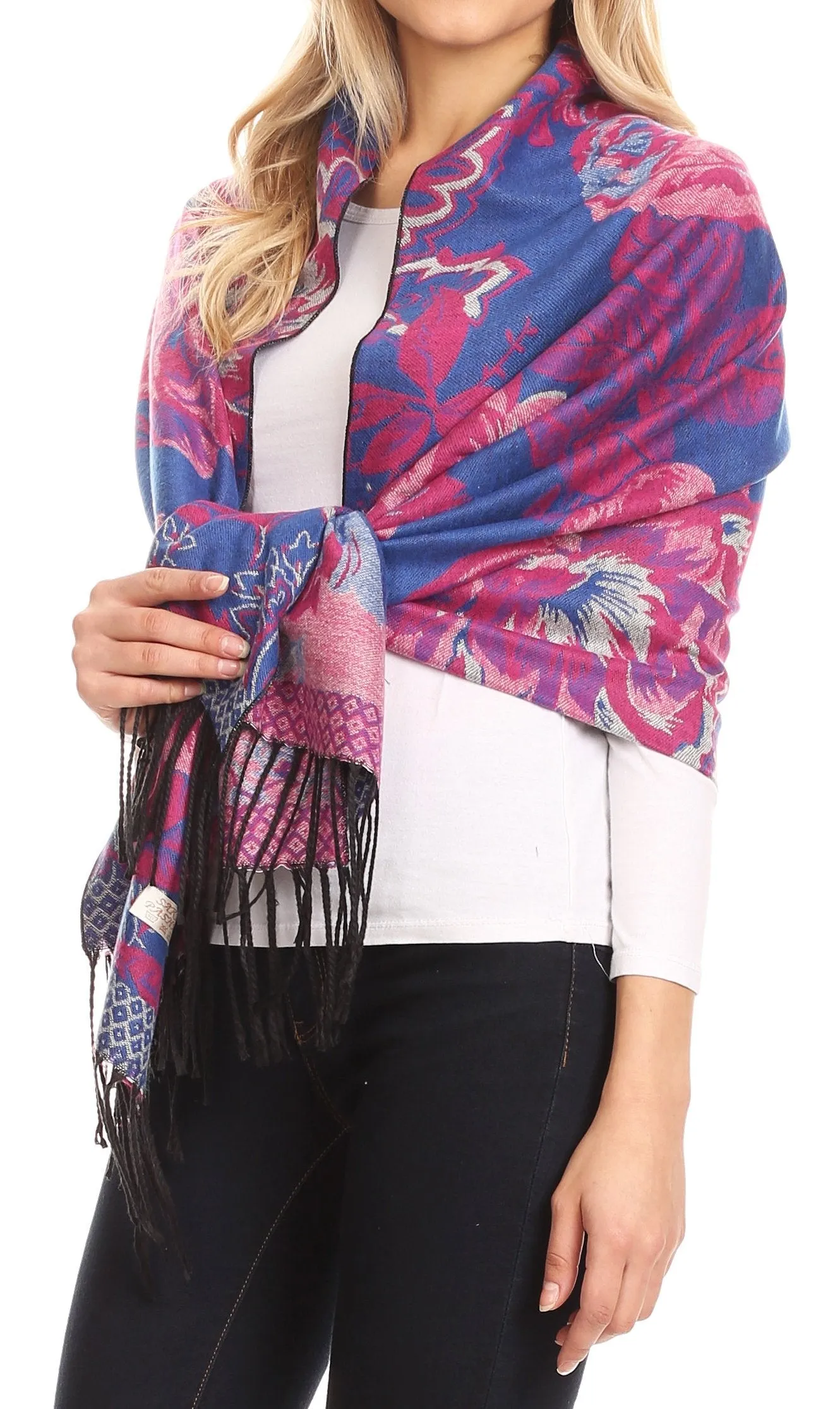 Sakkas Aurora Floral Rose Pashmina Scarf Shawl with Fringe Super Warm Soft Vegan