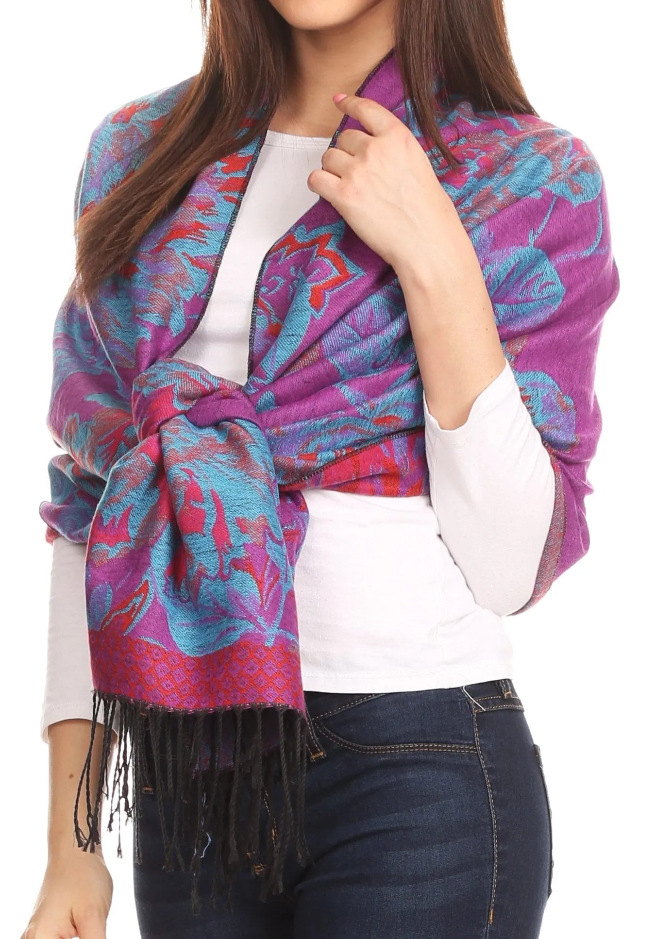 Sakkas Aurora Floral Rose Pashmina Scarf Shawl with Fringe Super Warm Soft Vegan