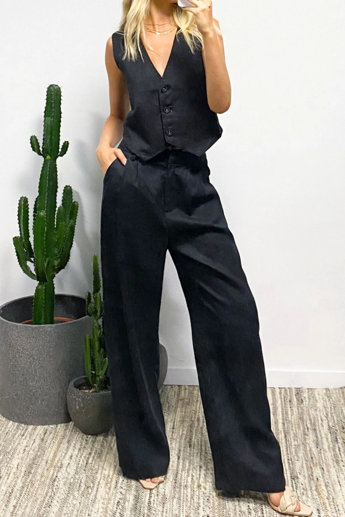 Seattle Tailored Wide Leg Linen Pants in Black