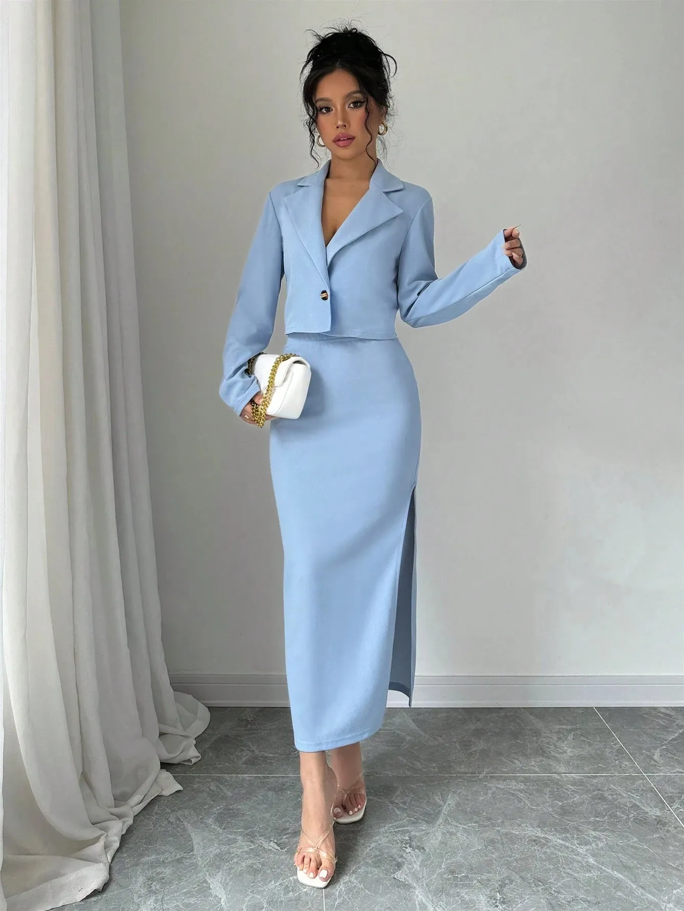 SHEIN Elenzga 1set Blue Elegant Casual Ladies' Suit