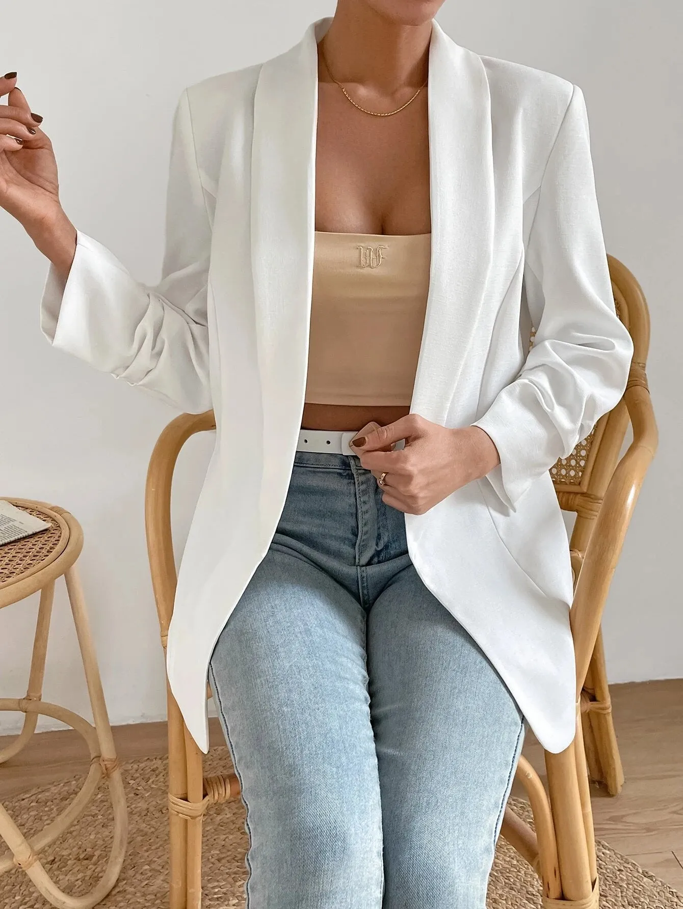 SHEIN Shawl Collar Ruched Detail Open Front Blazer