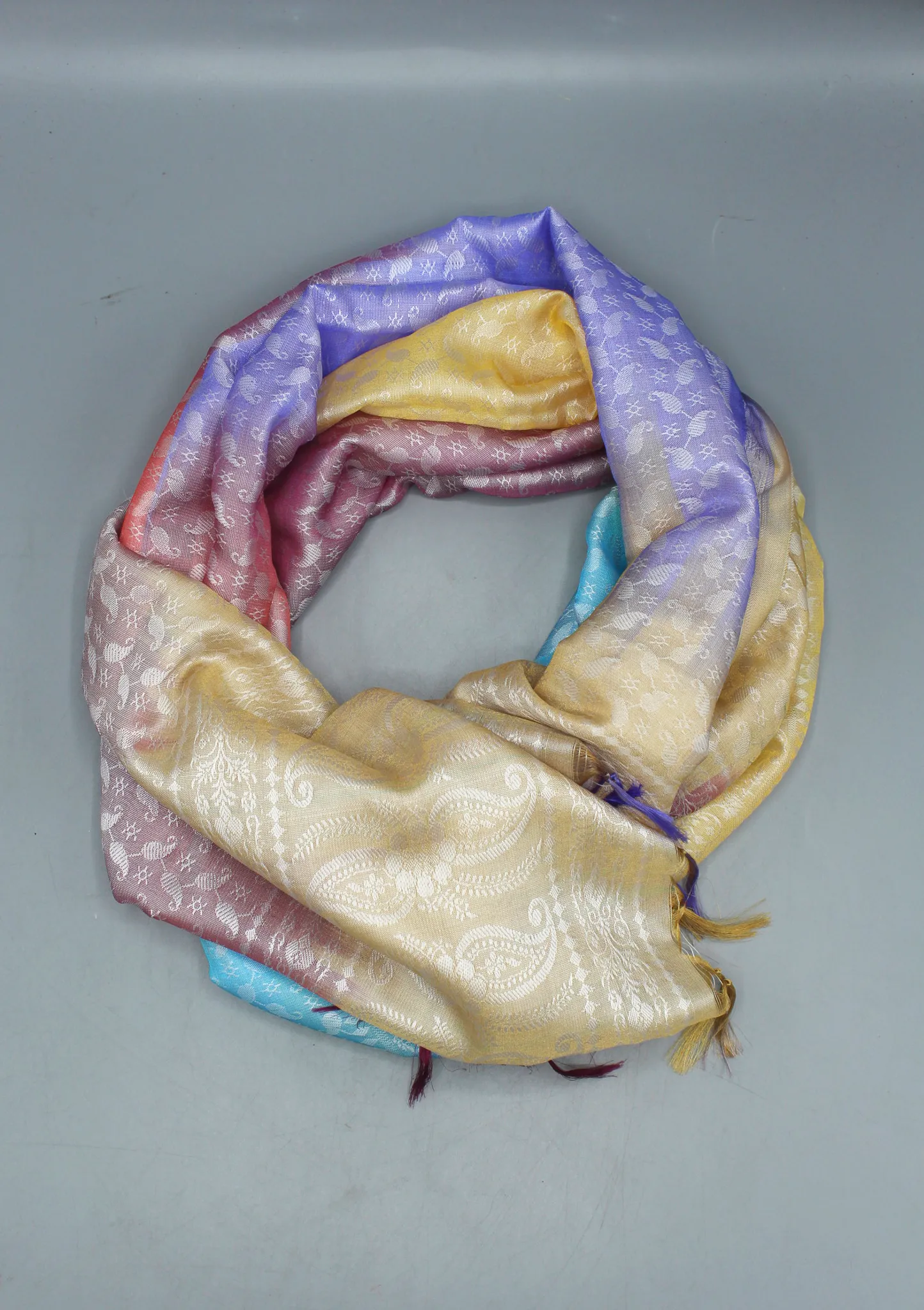 Silk Mixed Polyester Leaf and Flower Multi Color Shawls with Furka