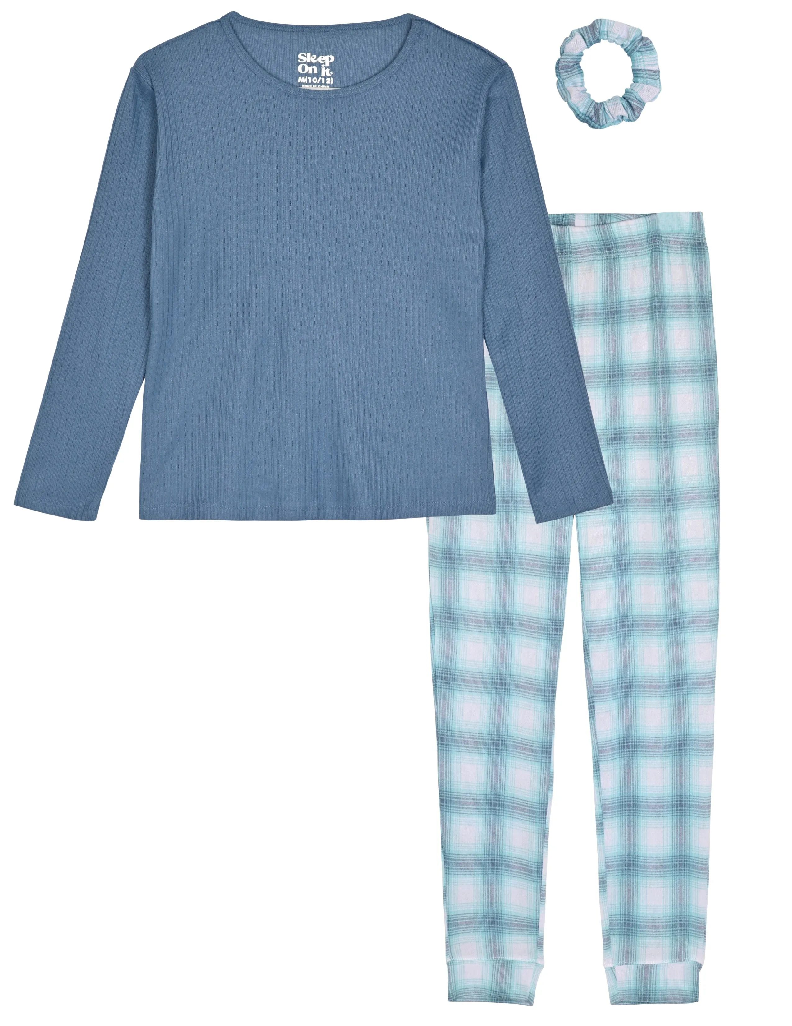 Sleep On It Girls 2-Piece Hacci Pajama Set with Matching Scrunchie - Holiday Plaid