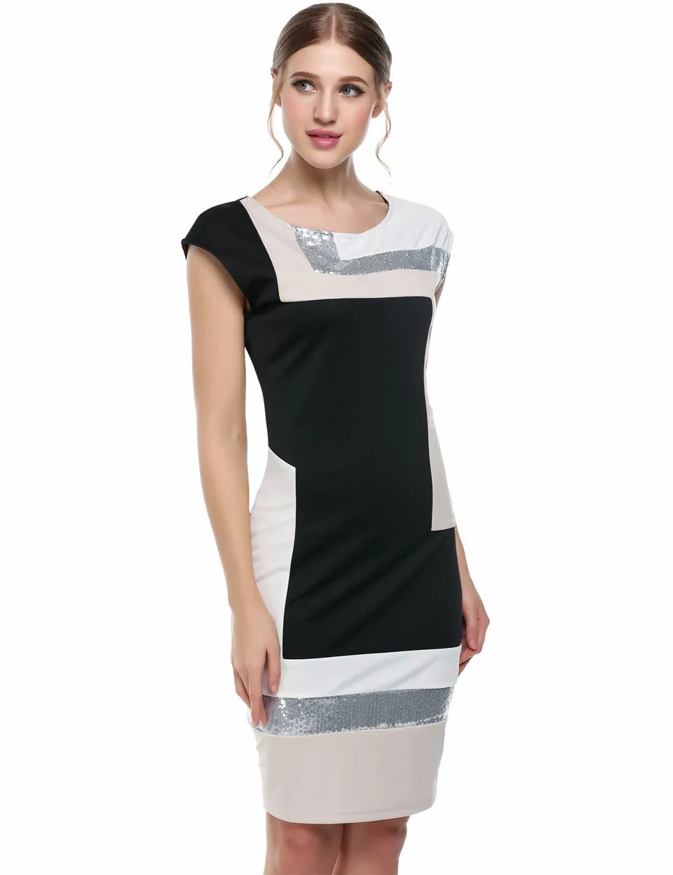 VenusFox Fashion Geometrical Short Sleeve O-neck Pencil Bodycon Dress