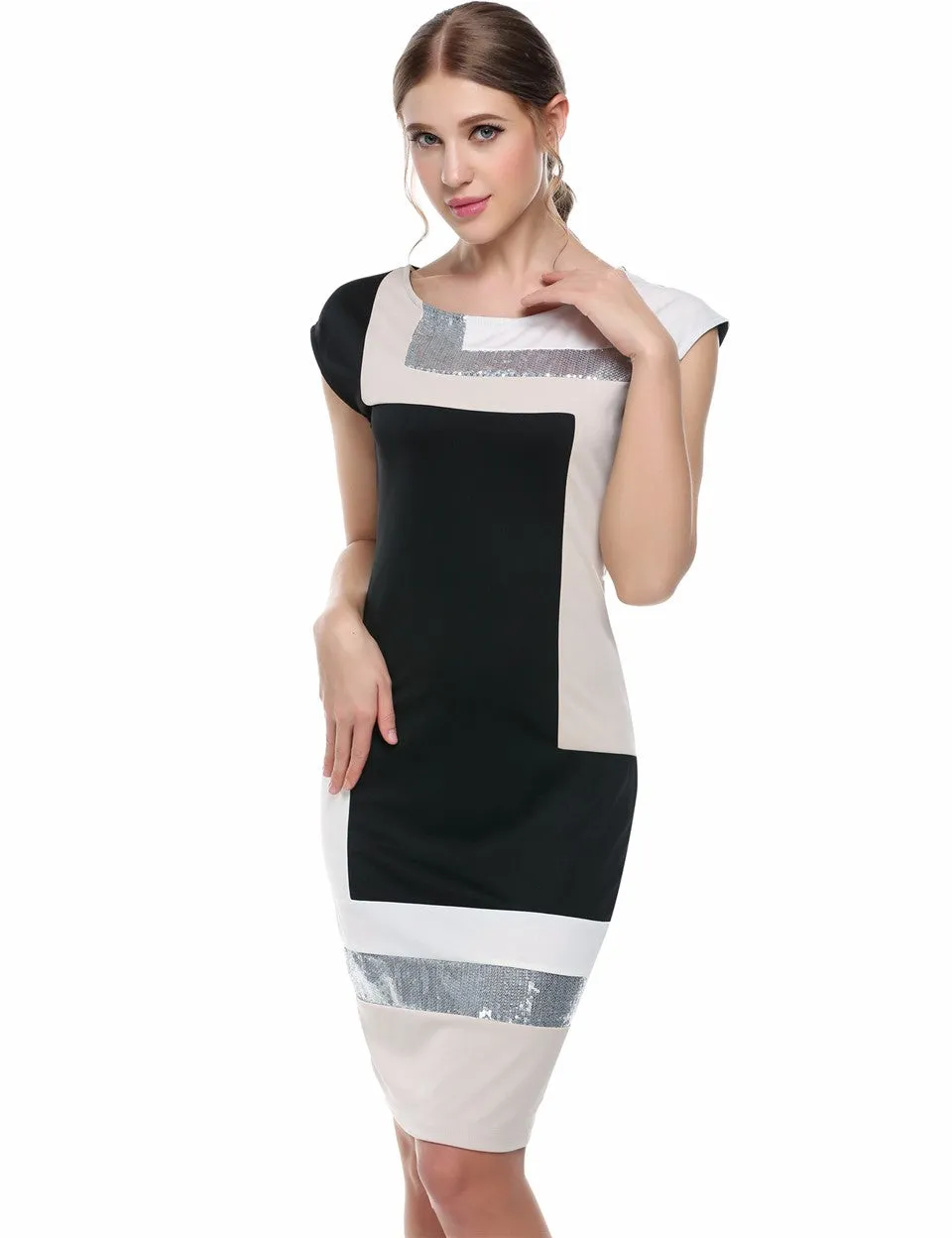 VenusFox Fashion Geometrical Short Sleeve O-neck Pencil Bodycon Dress