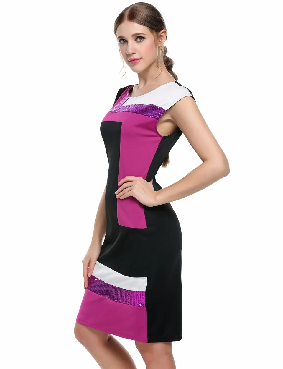 VenusFox Fashion Geometrical Short Sleeve O-neck Pencil Bodycon Dress