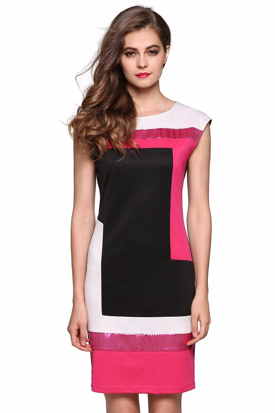 VenusFox Fashion Geometrical Short Sleeve O-neck Pencil Bodycon Dress