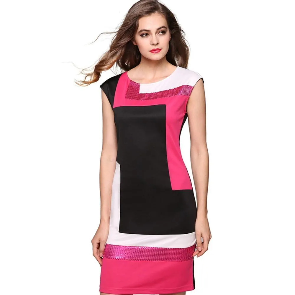 VenusFox Fashion Geometrical Short Sleeve O-neck Pencil Bodycon Dress