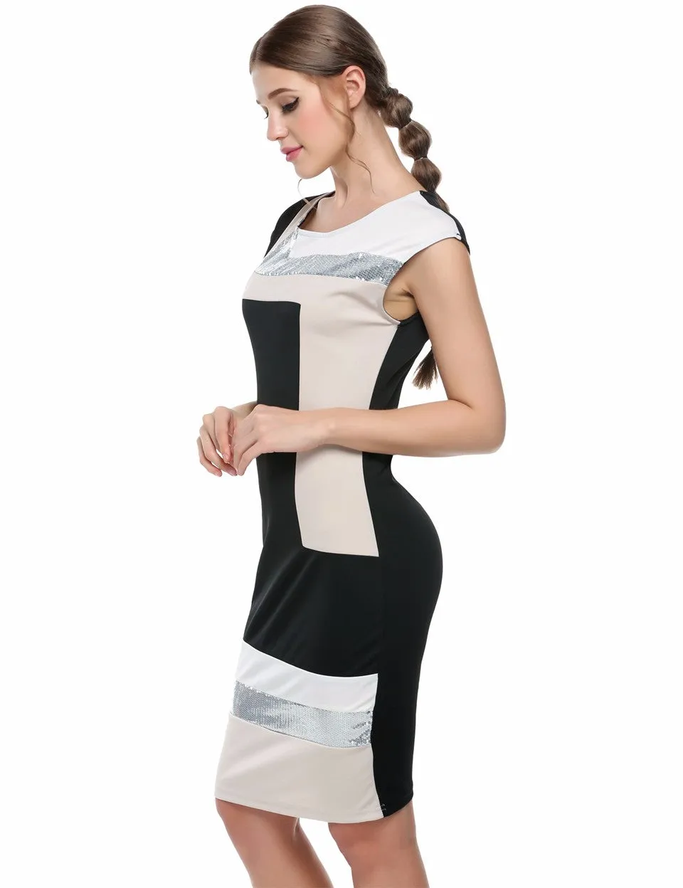 VenusFox Fashion Geometrical Short Sleeve O-neck Pencil Bodycon Dress