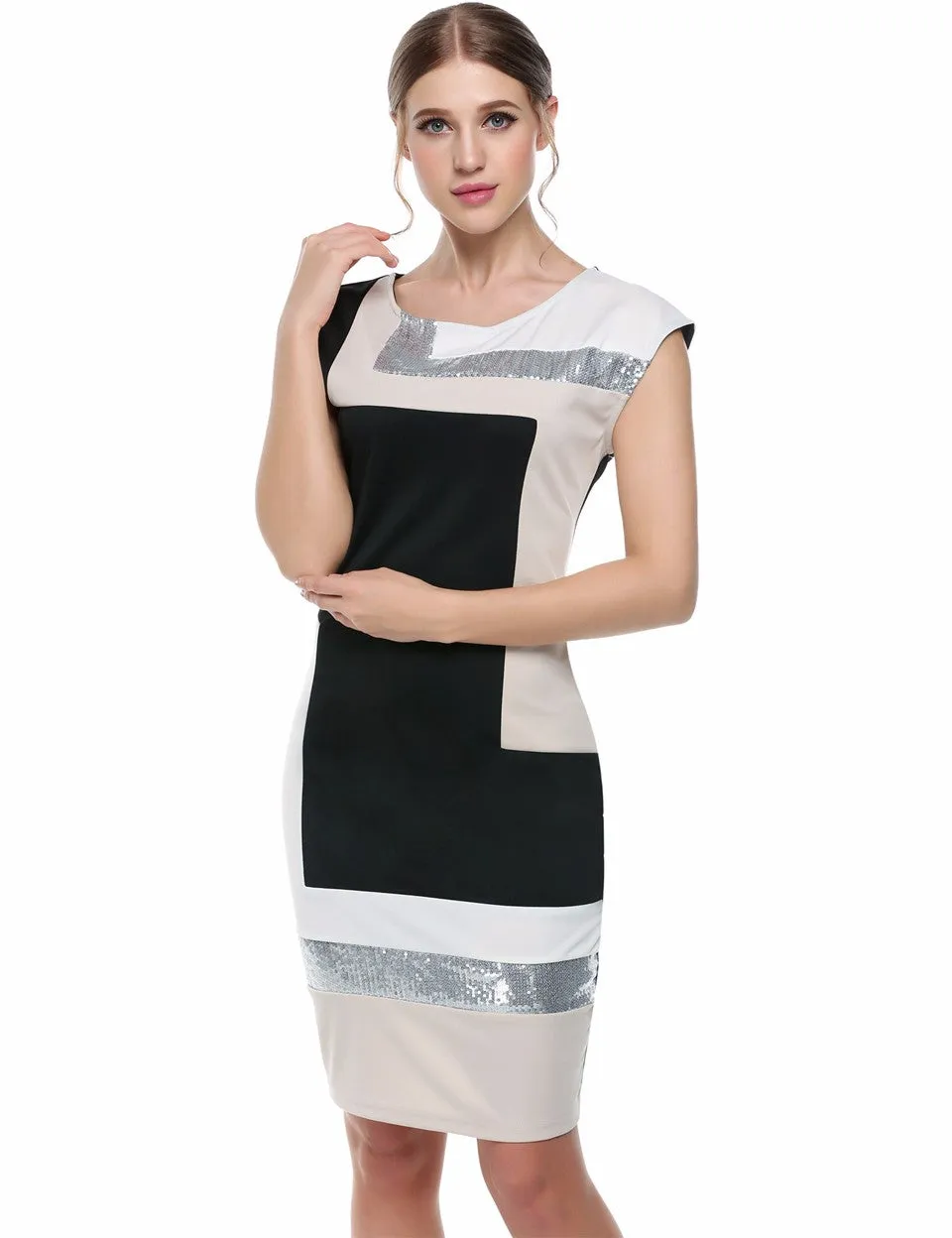 VenusFox Fashion Geometrical Short Sleeve O-neck Pencil Bodycon Dress