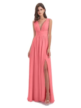 Watermelon Bridesmaid Dresses Uk Charming Chiffon V Neck Split Long Bridesmaid Dresses