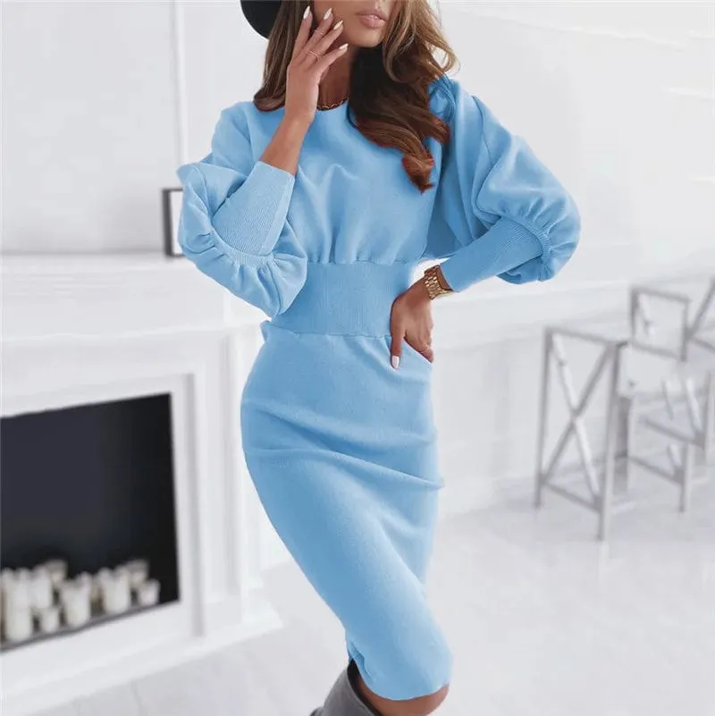 Women Elegant Office Lantern Sleeve  O Neck Bodycon Dress