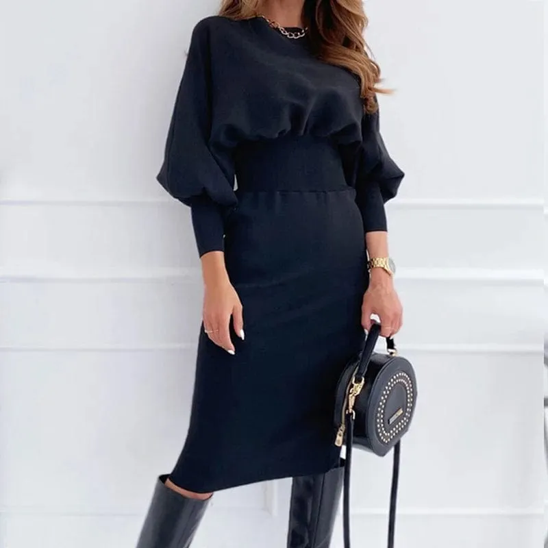 Women Elegant Office Lantern Sleeve  O Neck Bodycon Dress