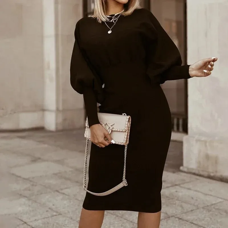 Women Elegant Office Lantern Sleeve  O Neck Bodycon Dress