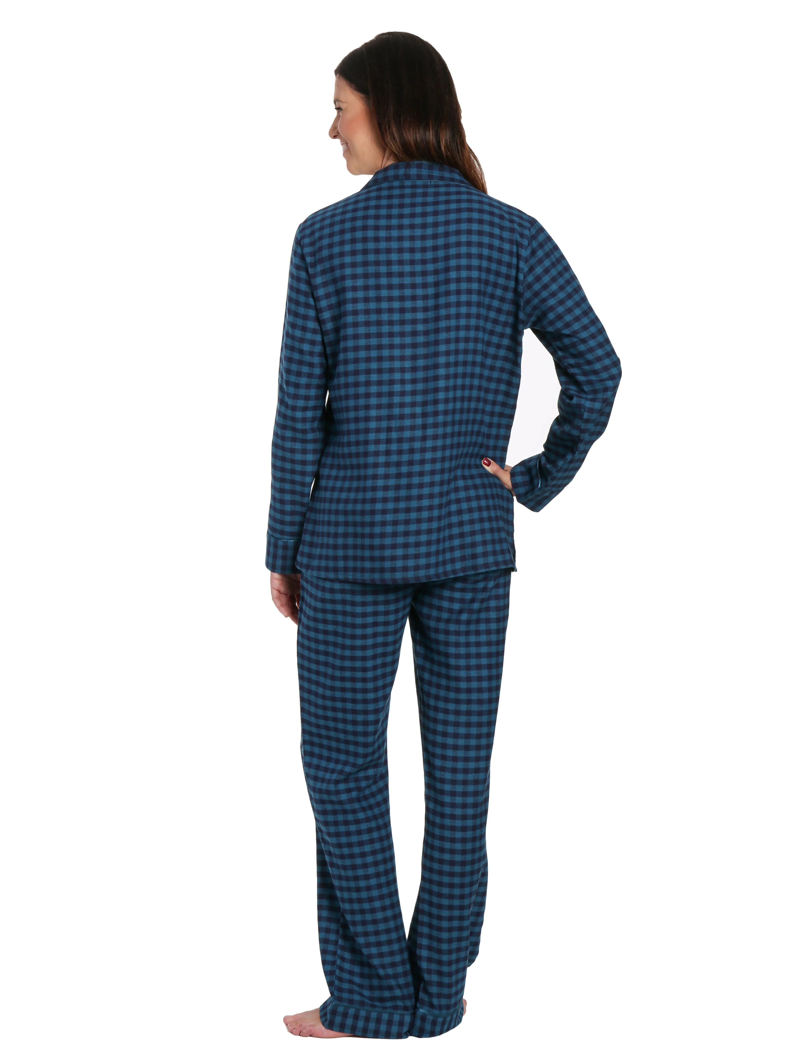 Womens Premium 100% Cotton Yarn Dyed Flannel Pajama Sleepwear Set - Gingham Teal Blue