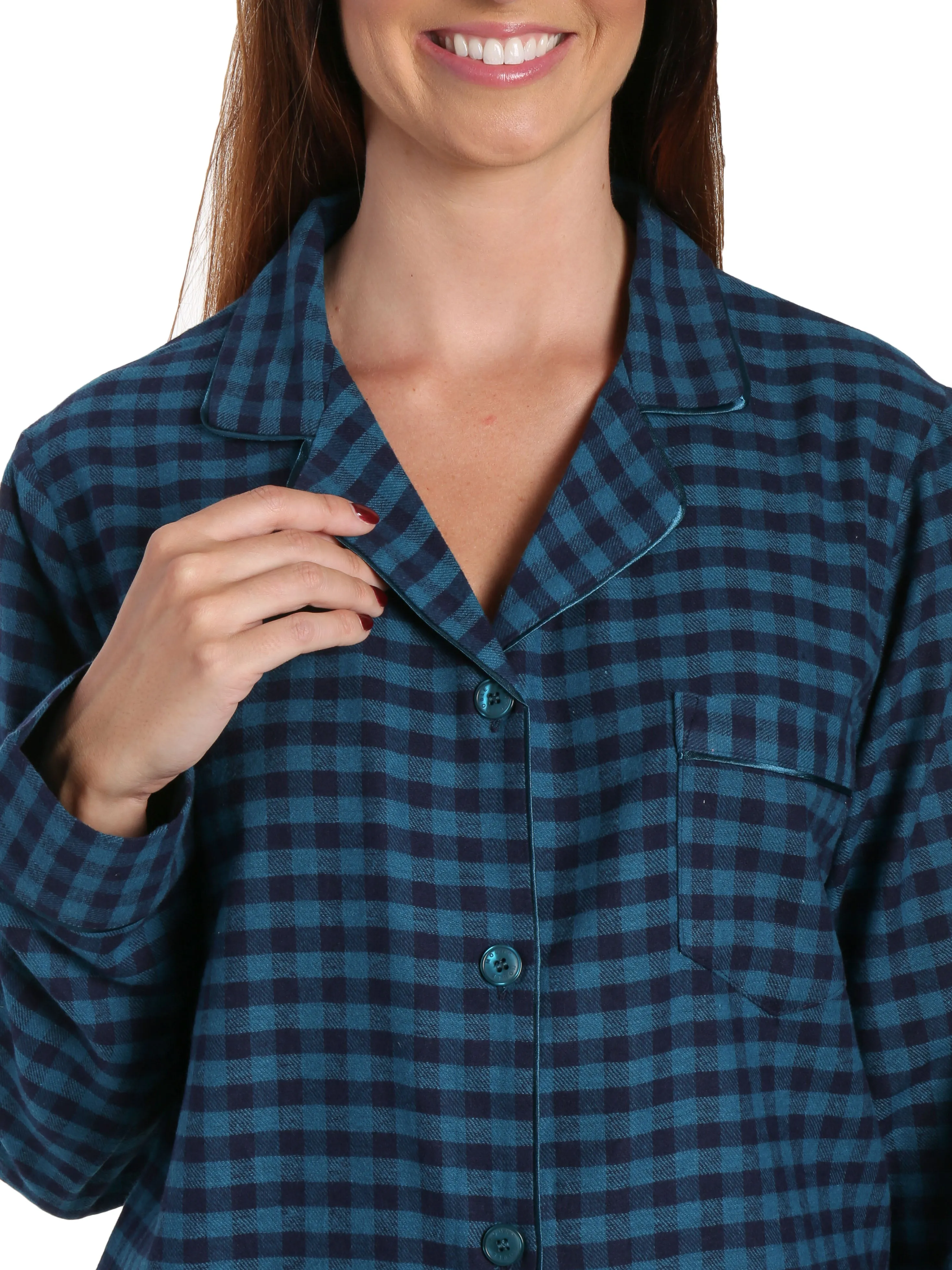 Womens Premium 100% Cotton Yarn Dyed Flannel Pajama Sleepwear Set - Gingham Teal Blue